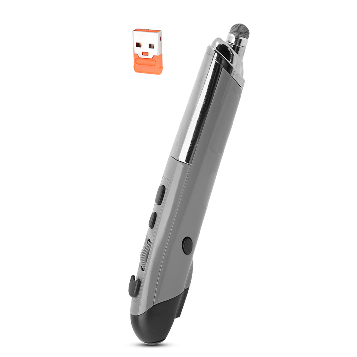 Ein grauer Eingabestift mit schwarzen Knöpfen und einem USB-Empfänger. Der Stift ist nach oben abgewinkelt.