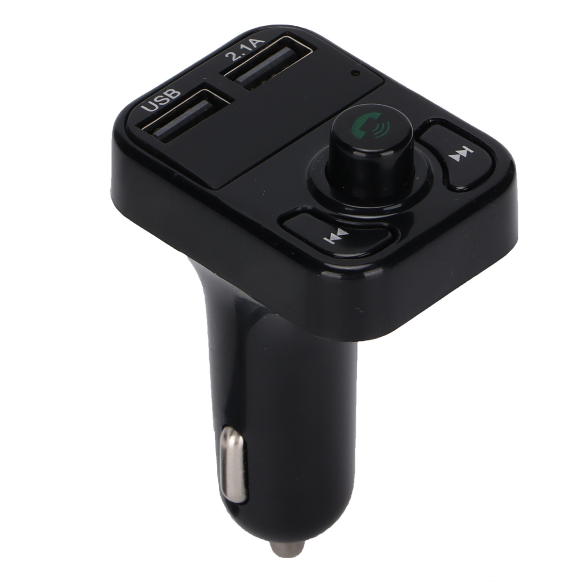 Schwarzes Autoladegerät mit zwei USB-Anschlüssen und Tasten. Telefonsymbol-Taste. Schwarzer Hintergrund.