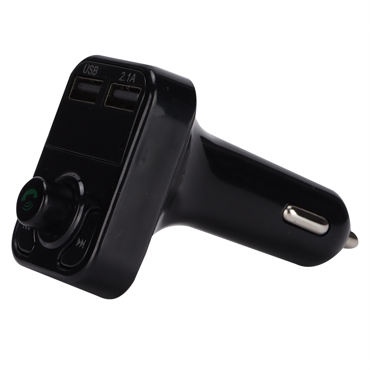 Schwarzes Autogerät mit Knöpfen, USB-Anschlüssen und einem Stecker.