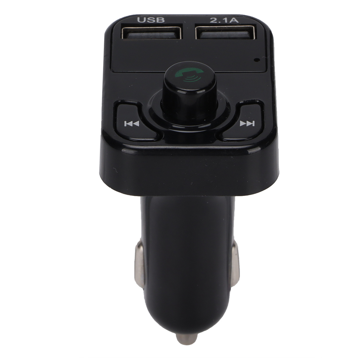 Schwarzes Autoladegerät mit USB-Anschlüssen und Tasten. Weißer Hintergrund.