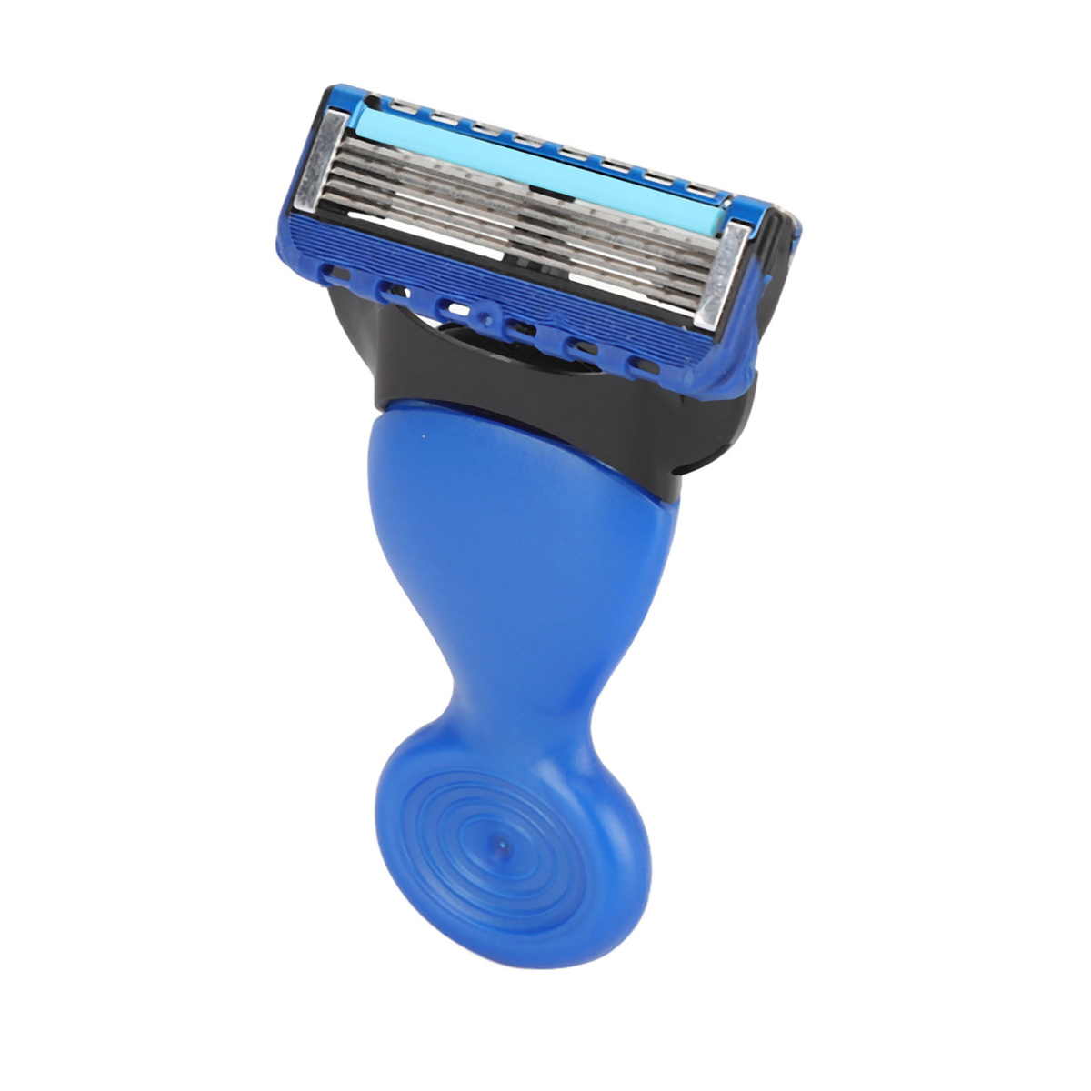 Ein blauer und schwarzer Rasierer wird gezeigt. Er hat mehrere Klingen und einen blauen Griff mit geschwungenem Design.