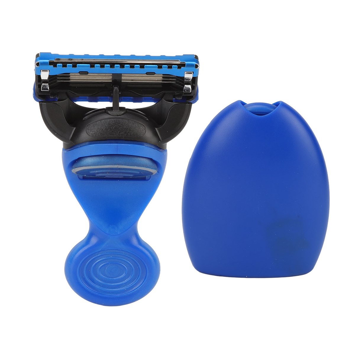 Blau-schwarzer Rasierer mit blauer Abdeckung.