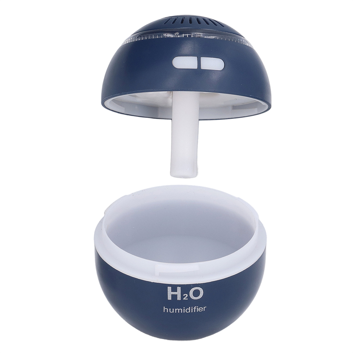 Blauer und weißer Luftbefeuchter, zerlegt. Basis: 'H2O humidifier', weißer Hintergrund.