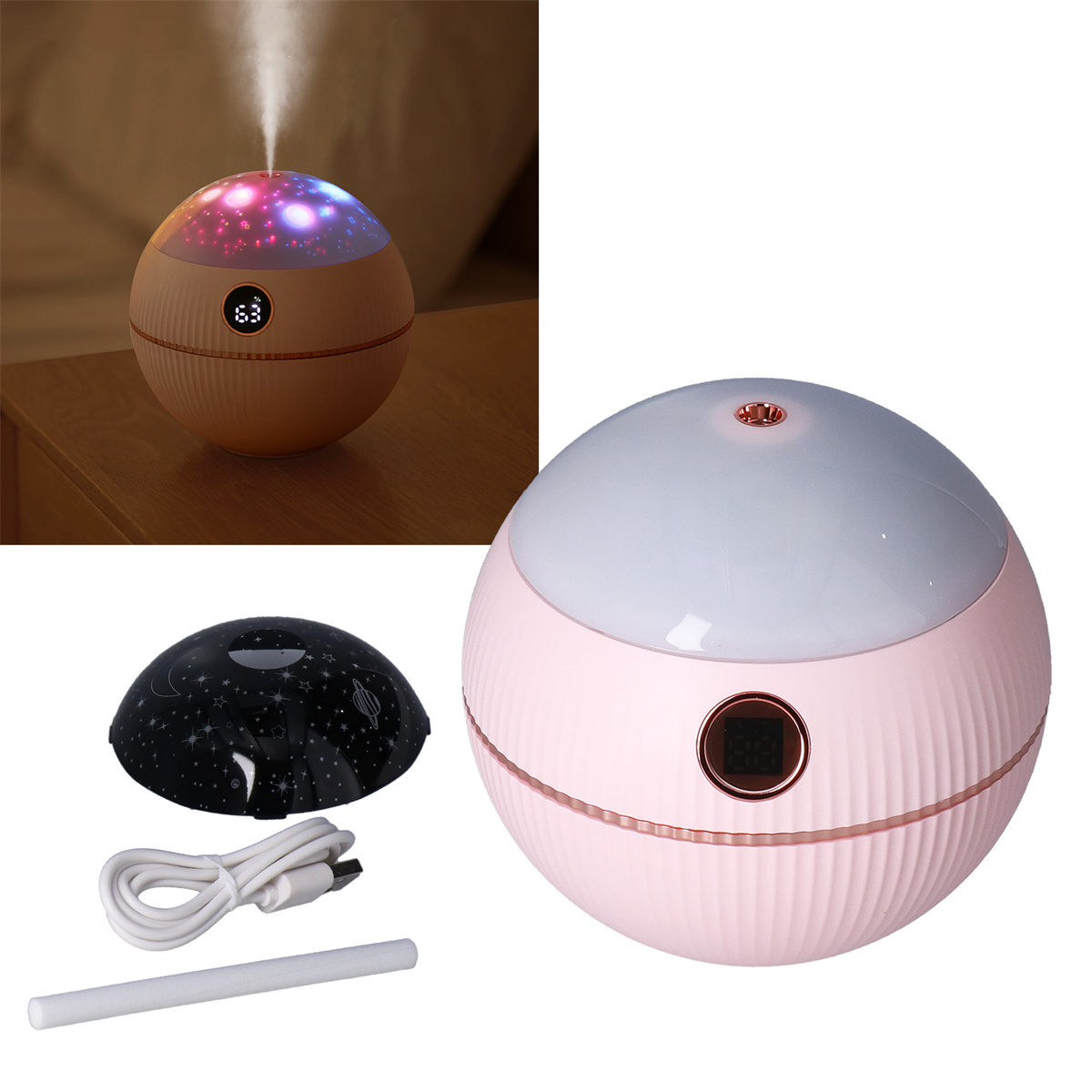Rosa-weißer kugelförmiger Diffusor mit Licht, Sternenprojektor und Zubehör auf einem Tisch.