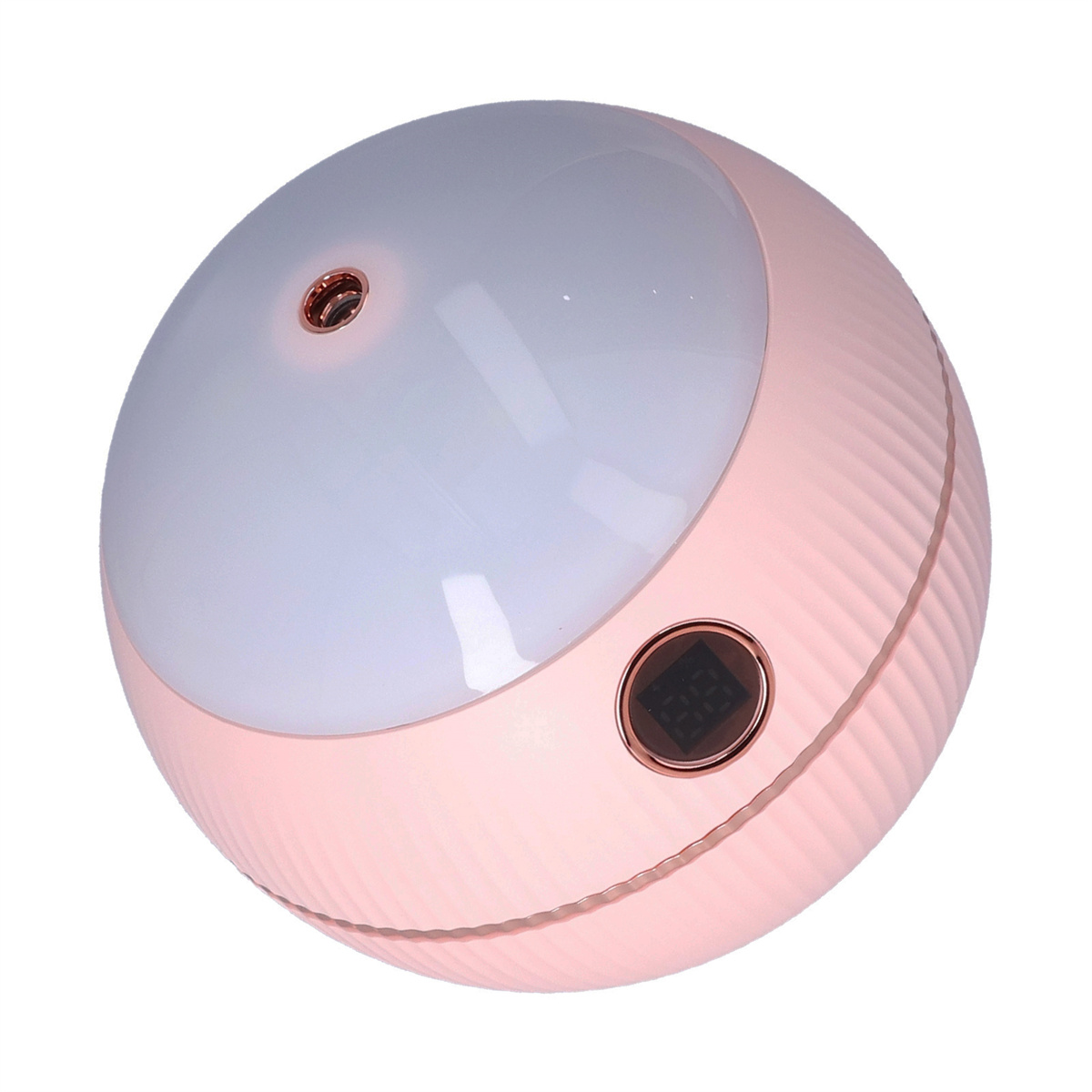 Ein rosa-weißes kugelförmiges Gerät. Oben Licht, digitales Display. Wahrscheinlich ein Luftreiniger.