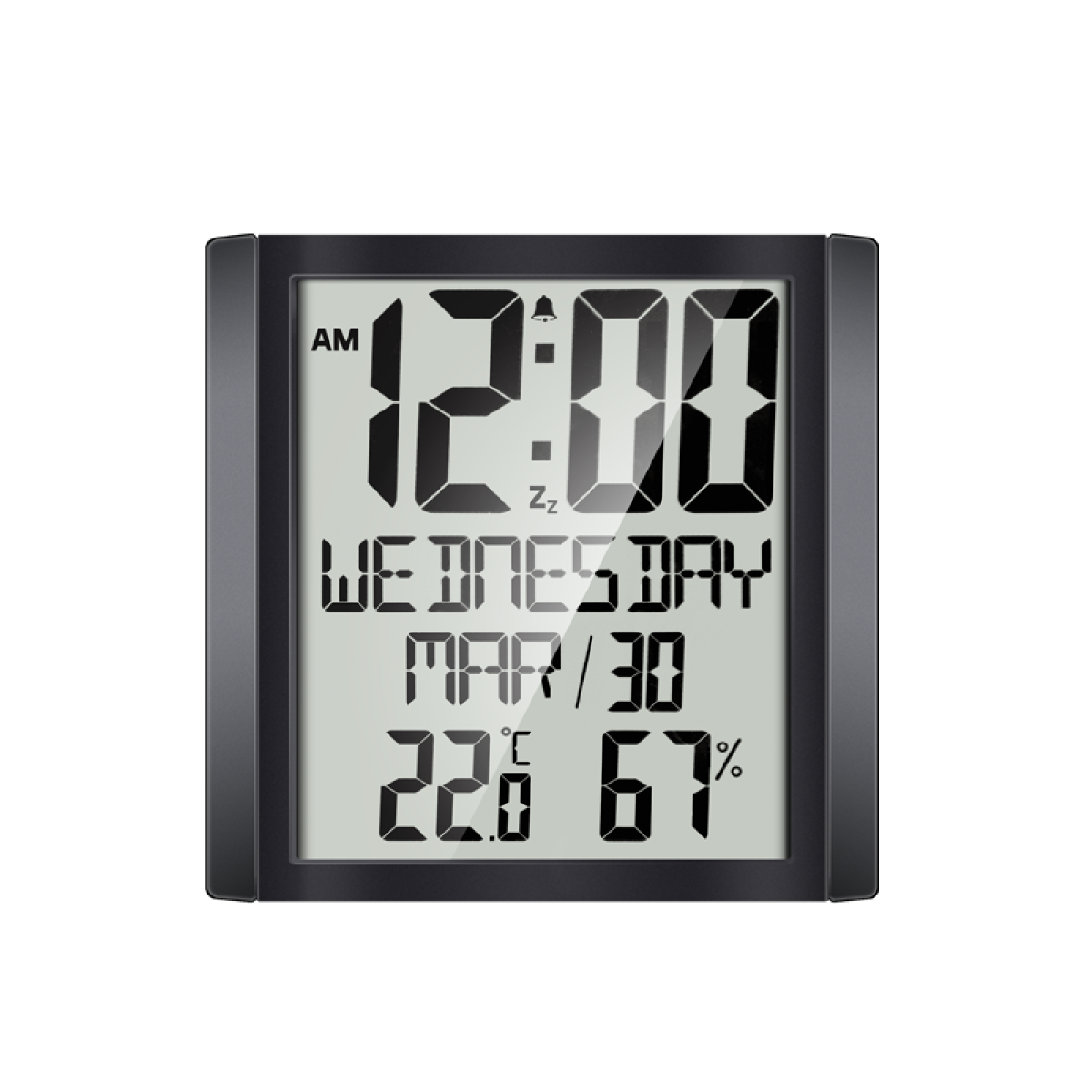 Digitaluhr, die Zeit, Datum, Temperatur und Luftfeuchtigkeit anzeigt. Die Uhr ist schwarz.