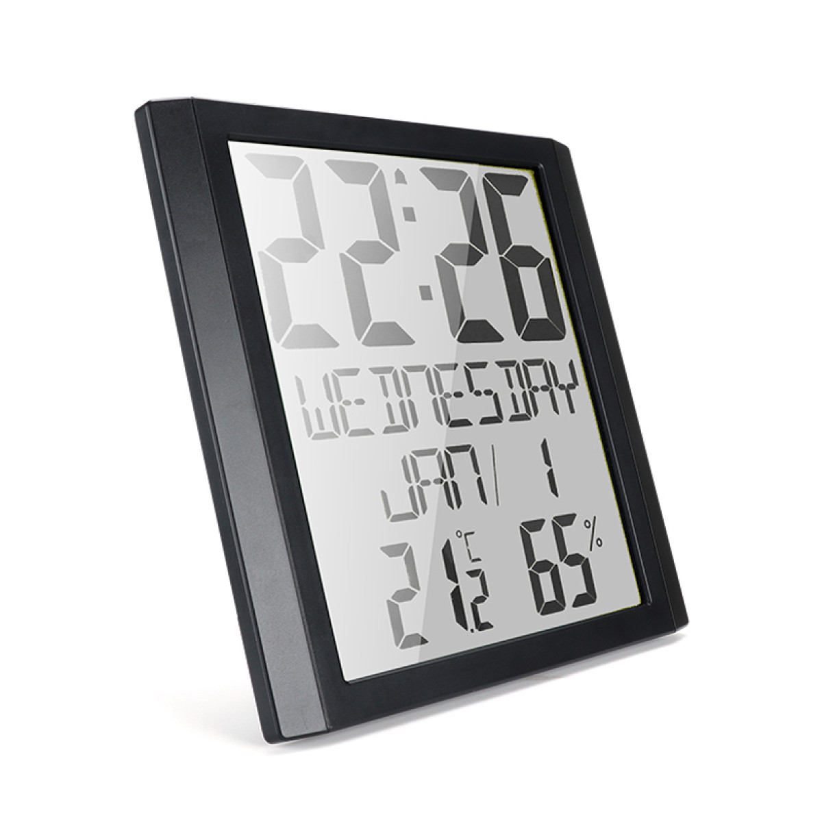 Digitaluhr mit Anzeige von Zeit, Datum und Temperatur. Schwarzer Rahmen, weißer Hintergrund.