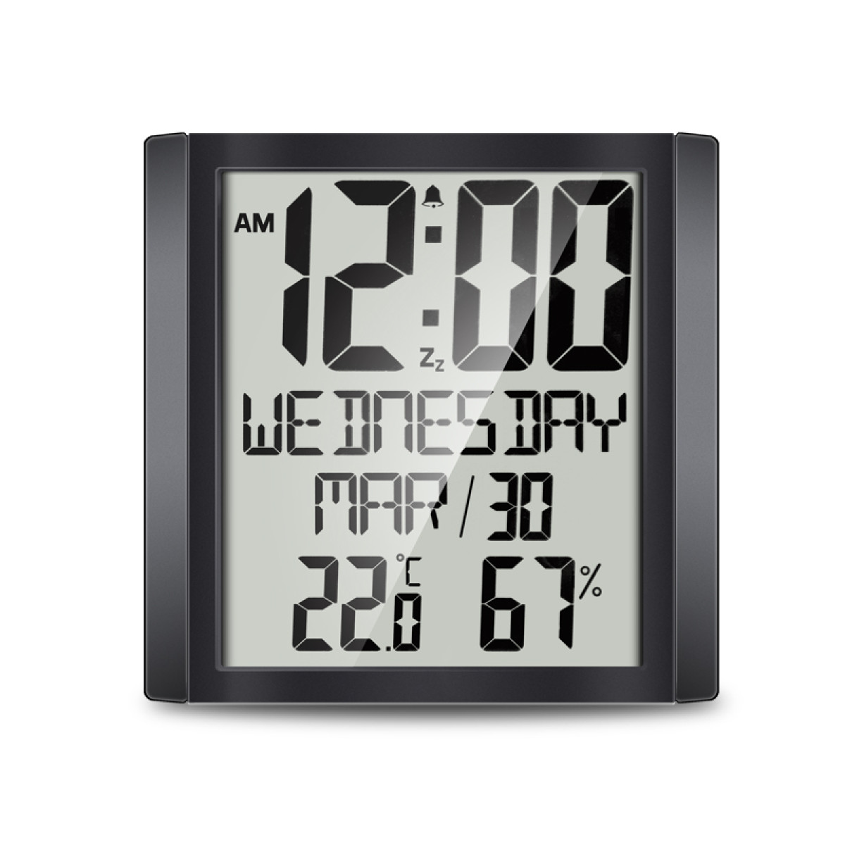 Eine schwarze Digitaluhr zeigt 12:00 Uhr morgens, Mittwoch, 30. März, 22,0 °C und 67 % Luftfeuchtigkeit.