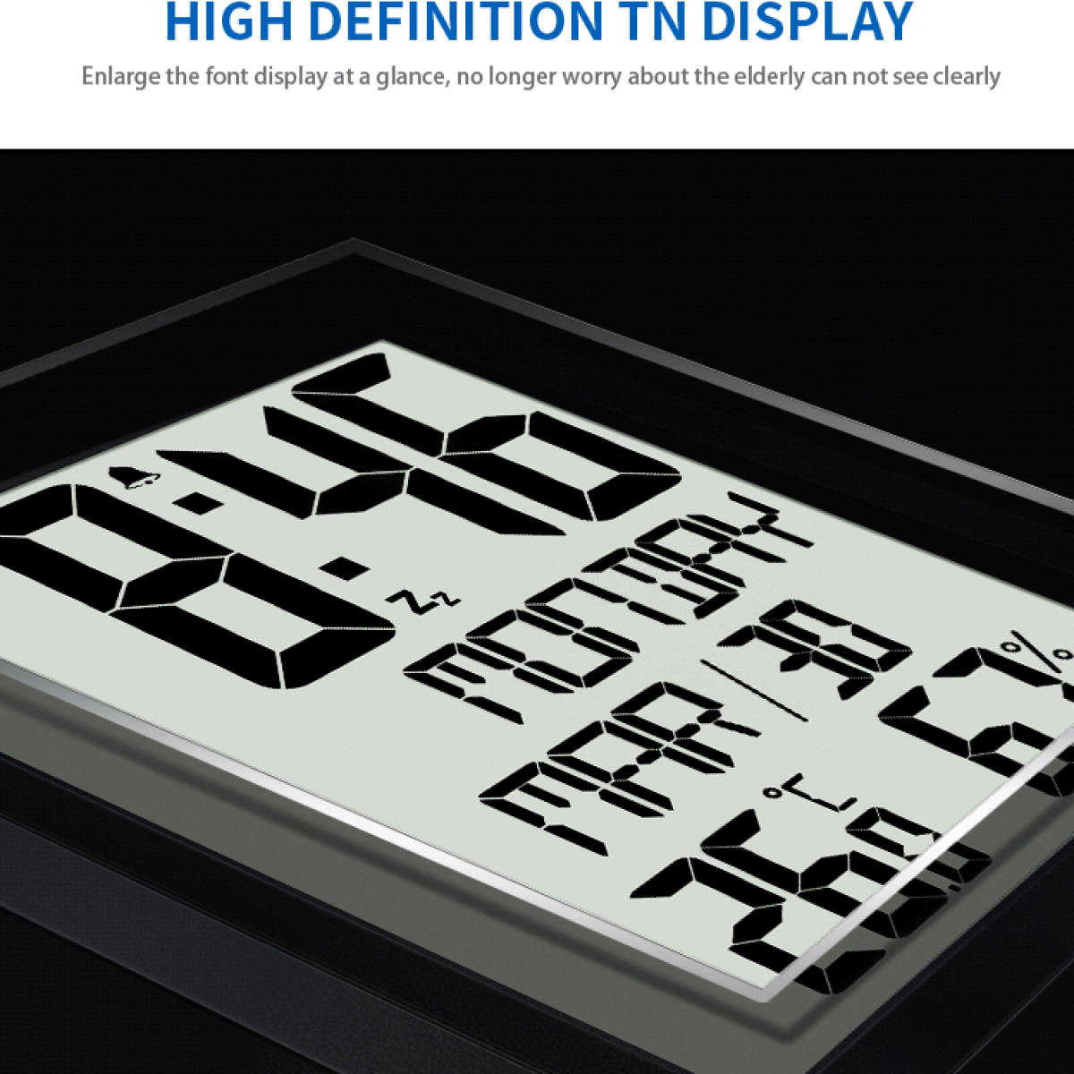 Digitalanzeige mit weißen Zahlen und Buchstaben, Text: HIGH DEFINITION TN DISPLAY. Schwarzer Rahmen.