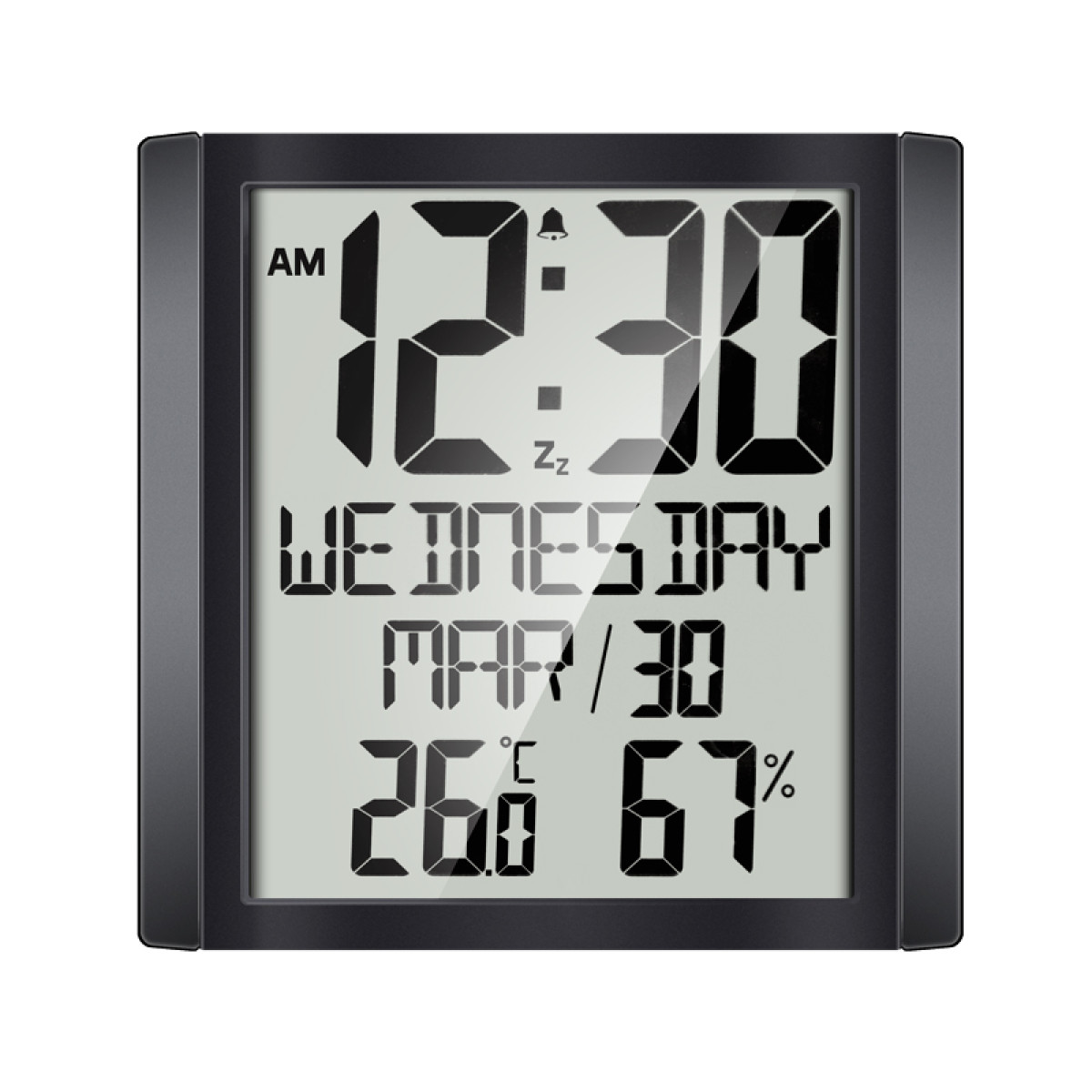Schwarze Digitaluhr zeigt Zeit, Datum und Temperatur an.