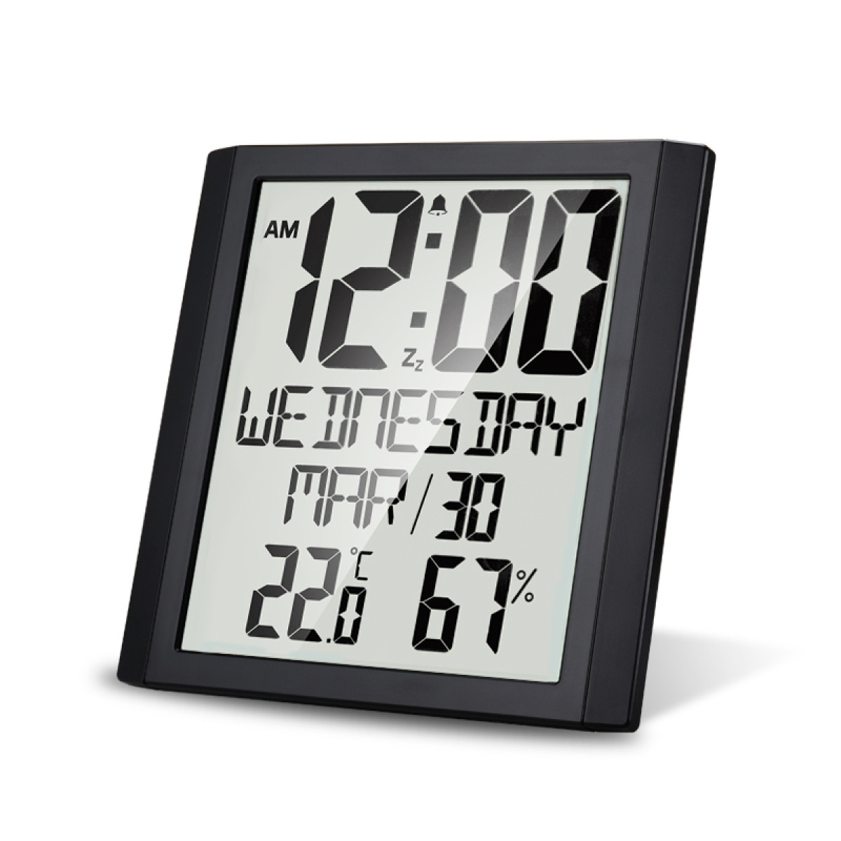 Eine schwarze Digitaluhr, die Zeit, Datum und Temperatur anzeigt. Der Hintergrund ist weiß.