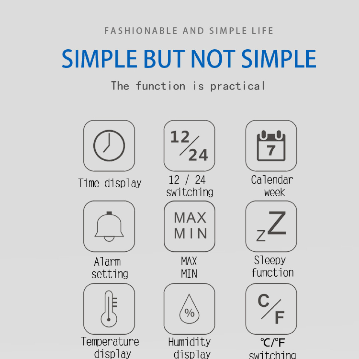 Symbole für Zeit, Kalender, Alarm, Temperatur, Luftfeuchtigkeit und Gradanzeige.
