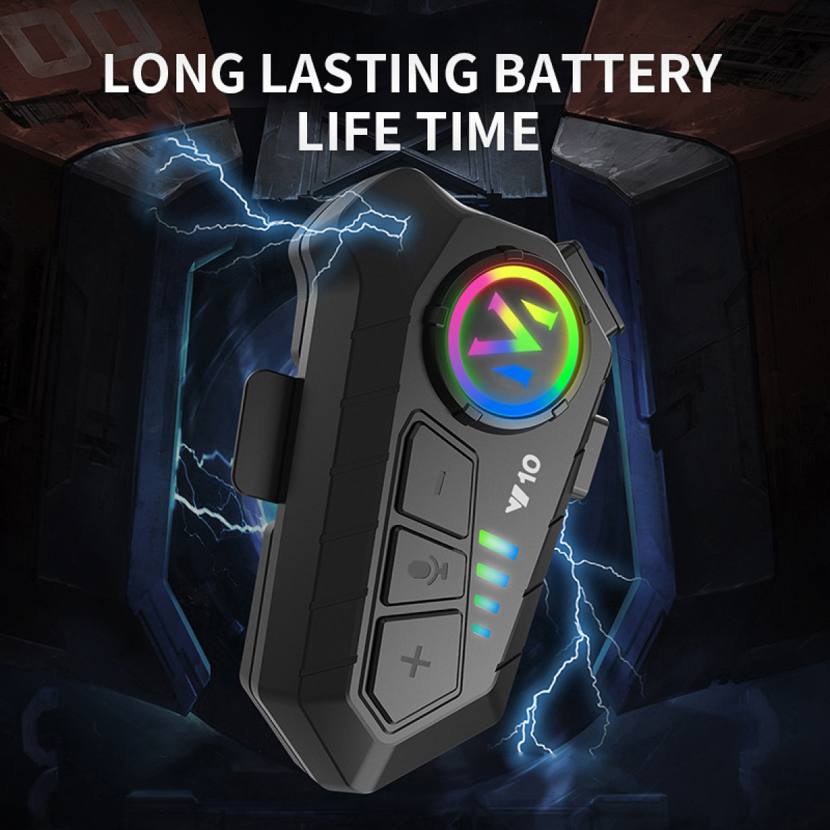 Czarne i szare urządzenie z przyciskami, otoczone iskrami elektrycznymi i napisem 'LONG LASTING BATTERY'.