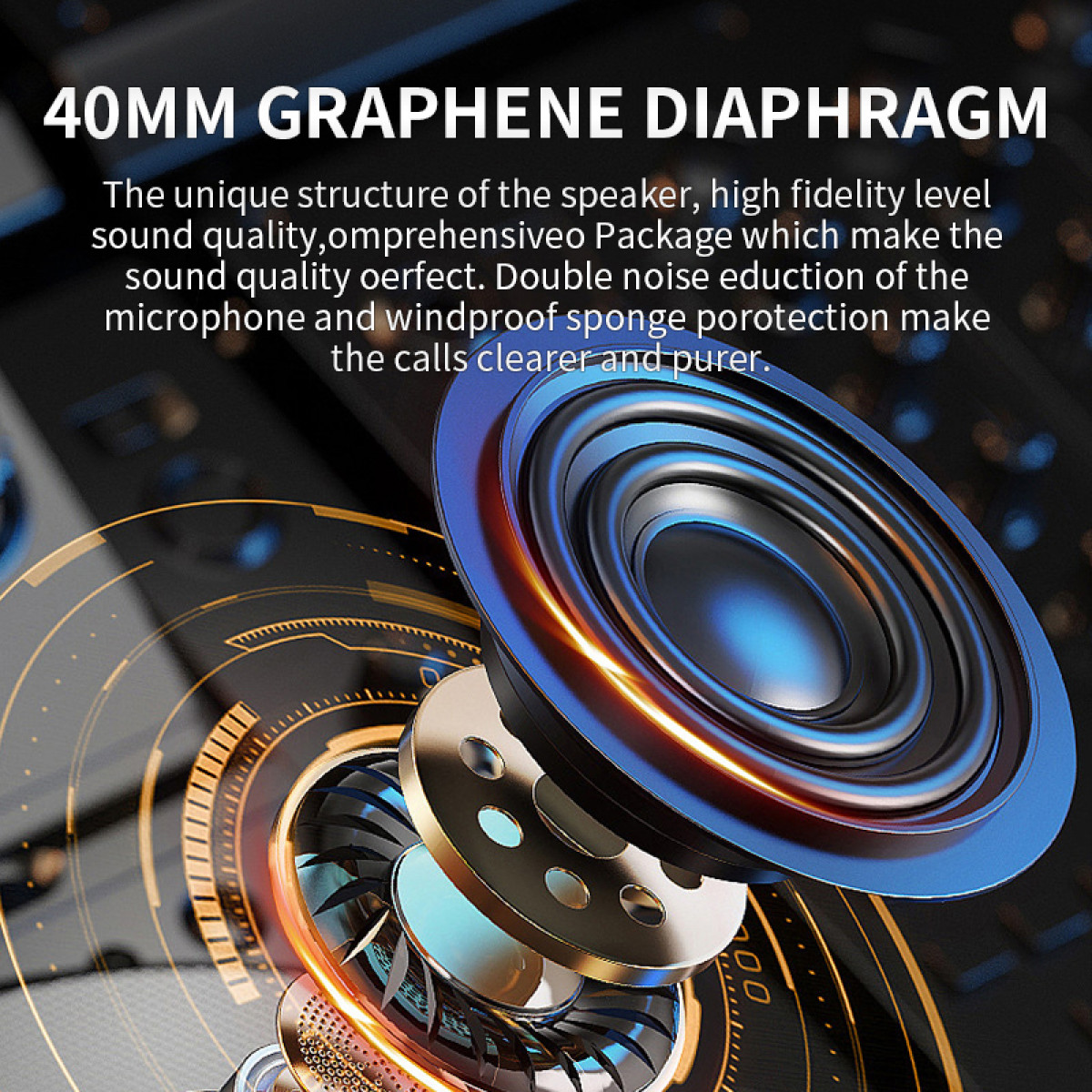 Zbliżenie membrany głośnika. Tekst opisuje unikalną strukturę i jakość dźwięku głośnika.
