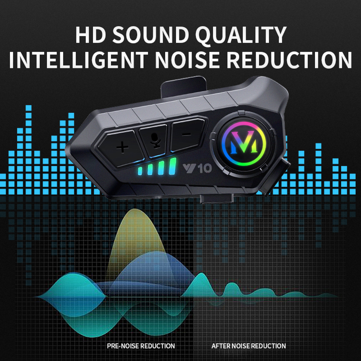 Czarny zestaw słuchawkowy do motocykla z grafiką jakości dźwięku HD. Diagram redukcji szumów.