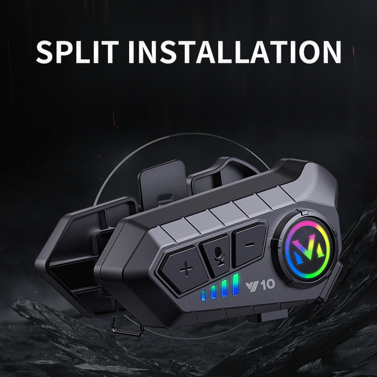 Czarne urządzenie komunikacyjne do motocykla z przyciskami, mikrofonem i kolorowym światłem.