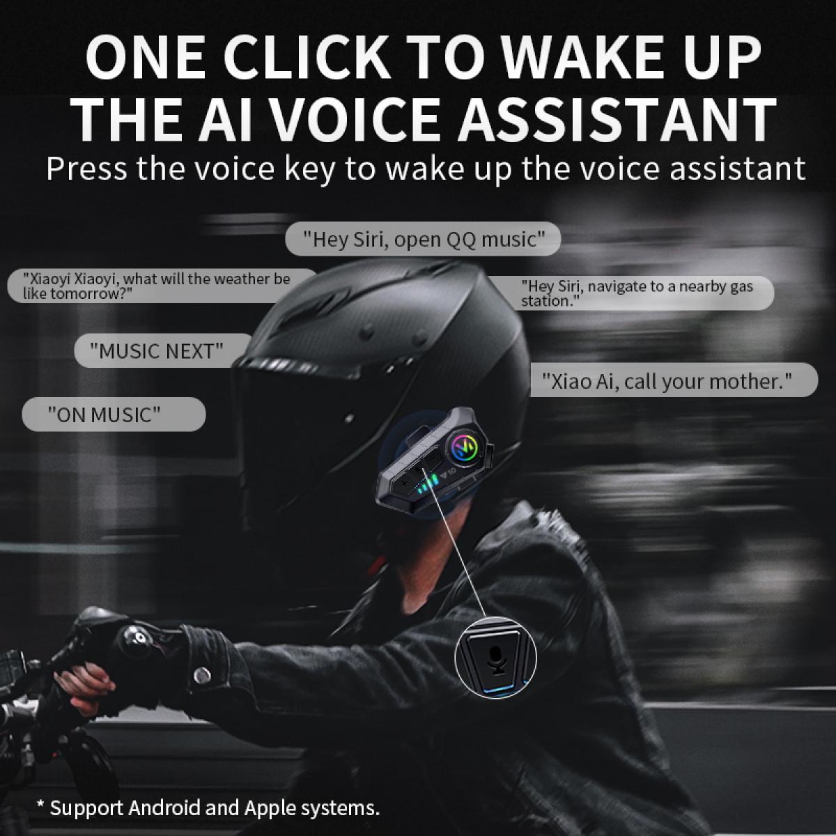 Osoba na motocyklu w kasku. Tekst mówi: "ONE CLICK TO WAKE UP THE AI VOICE ASSISTANT".