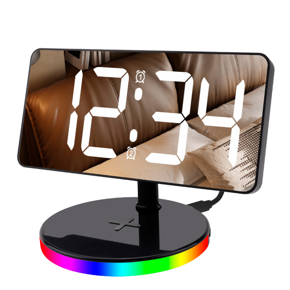 Digitaler Wecker mit schwarzem Sockel, Anzeige 12:34.