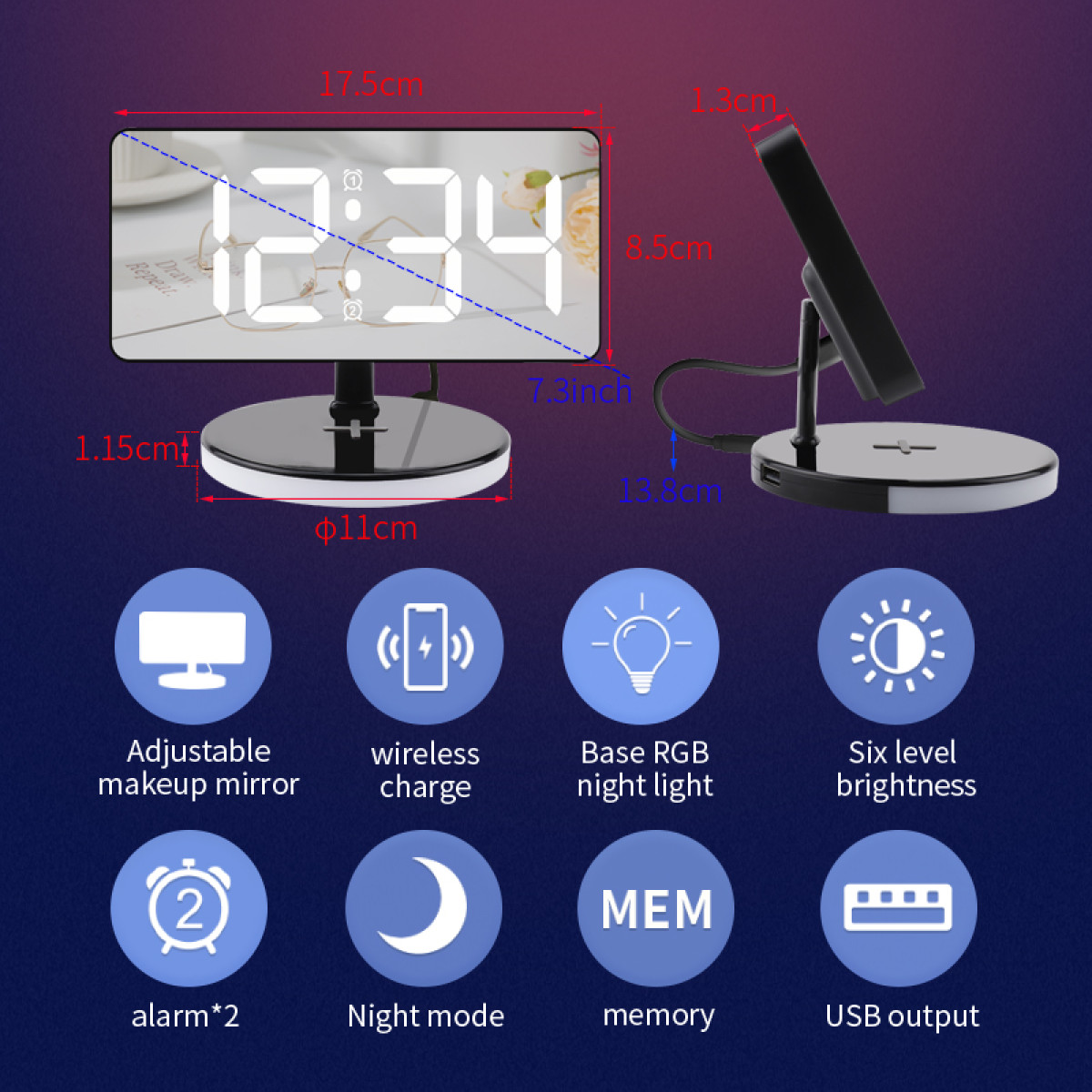 Ein digitaler Wecker mit Spiegel und kabellosen Ladefunktionen sowie Nachtlicht, Alarm und USB-Ausgang.