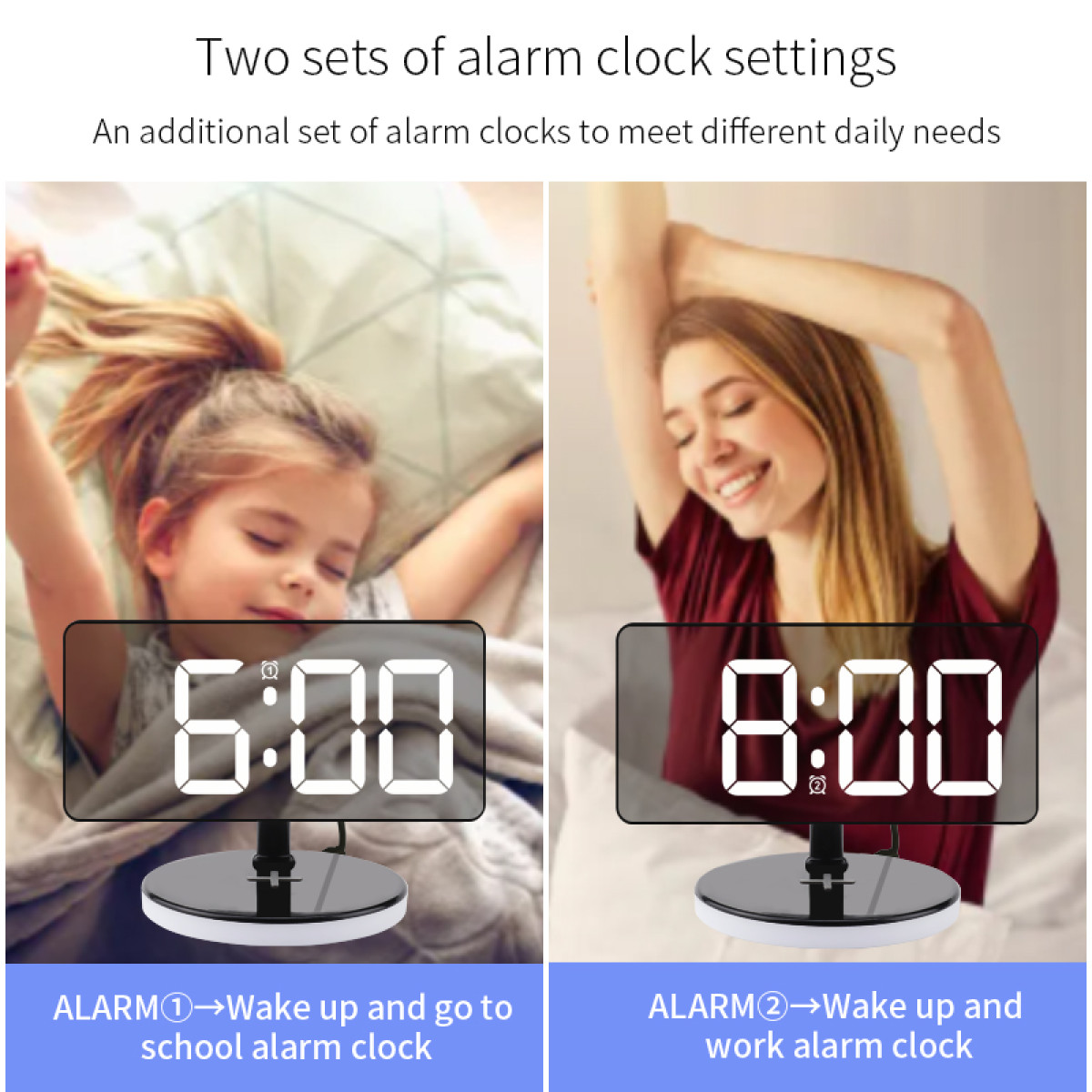 Zwei Wecker zeigen 6:00 und 8:00 Uhr. Ein Kind und eine Frau liegen im Bett.