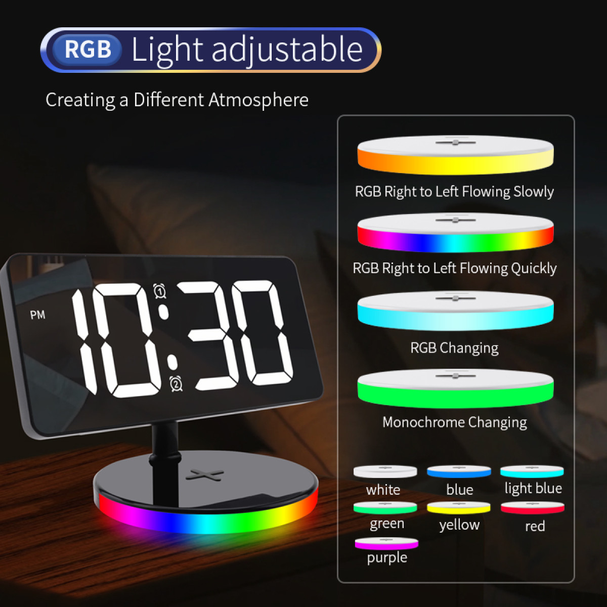 Digitaluhr mit RGB-Lichtanpassung. Zeigt 10:30. Verschiedene Lichtmodi werden gezeigt.