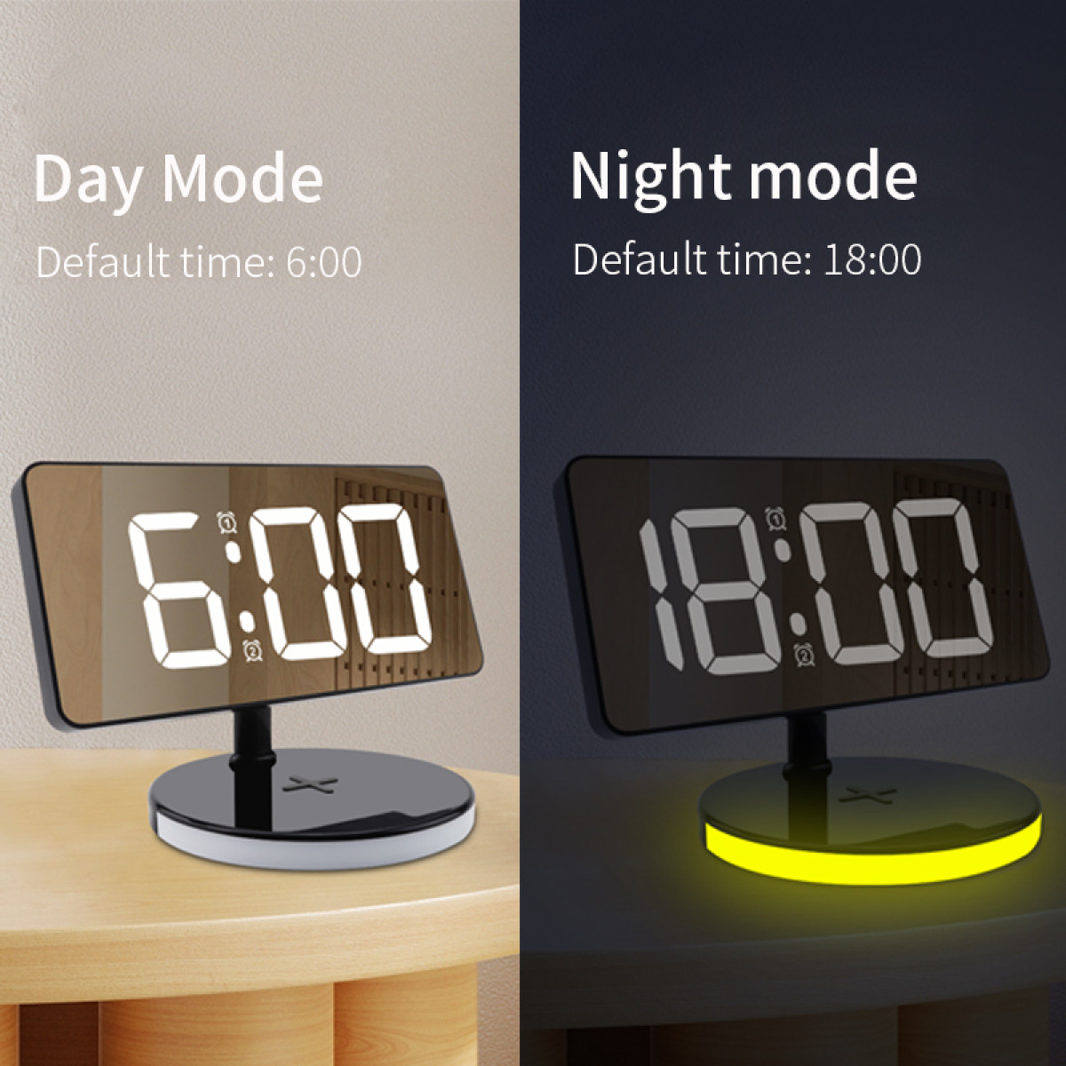 Digitaluhr, Tag- und Nachtmodus. Tagesmodus zeigt 6:00 Uhr, Nachtmodus 18:00 Uhr mit gelbem Leuchten.