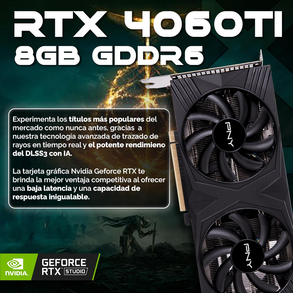 Tarjeta gráfica con dos ventiladores, Nvidia RTX 4060 Ti, con superposición de texto en español.