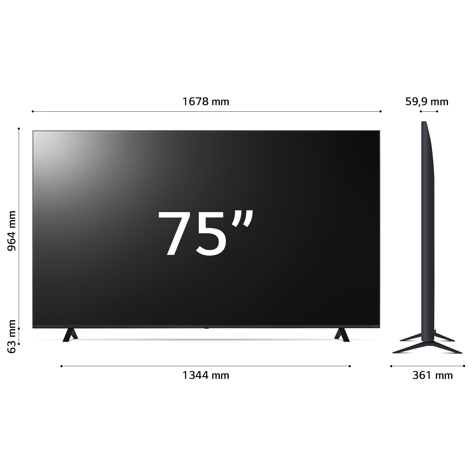 TV da 75 pollici con dimensioni in mm, schermo nero. La TV è su sfondo bianco.