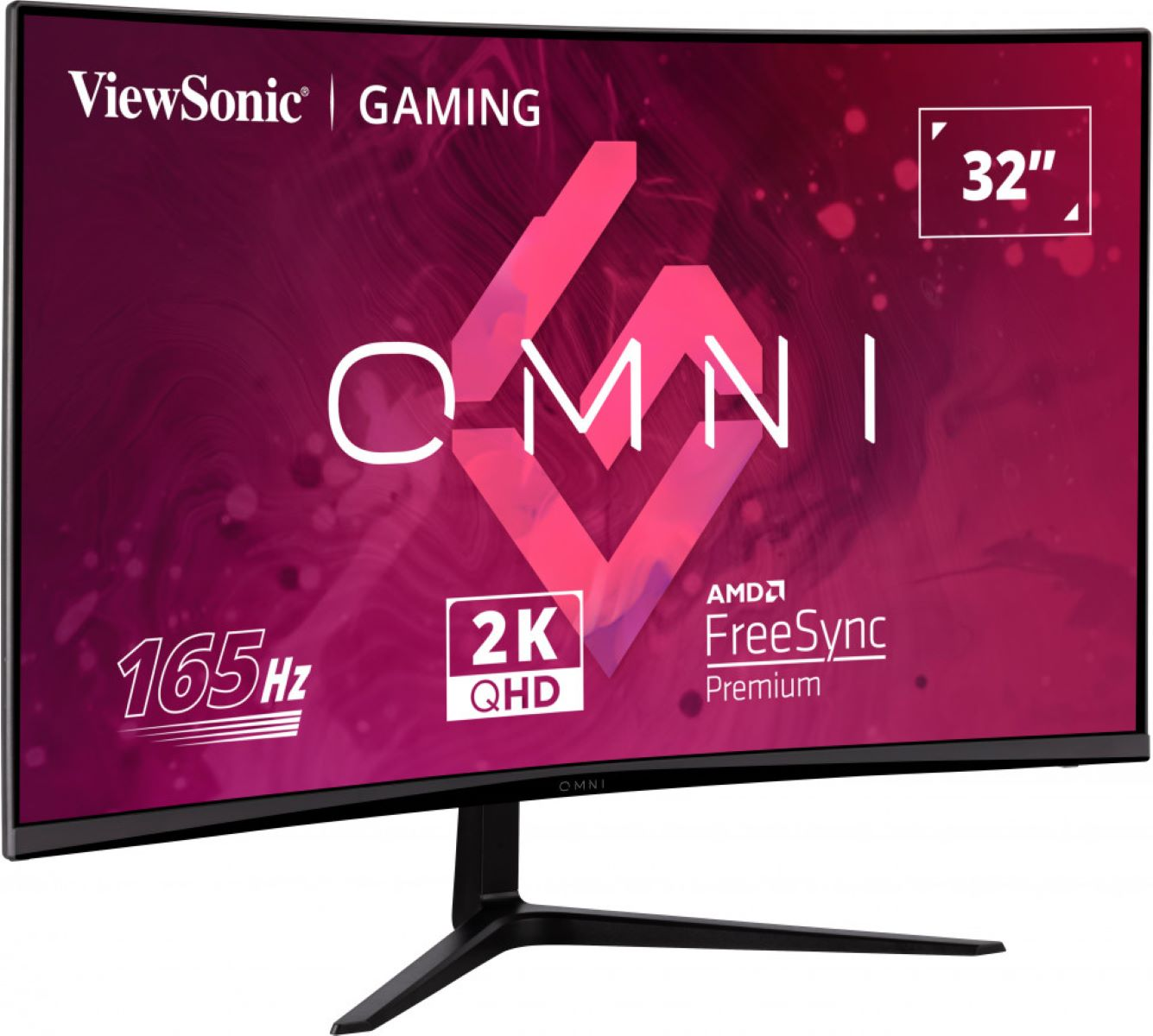 Zakrzywiony monitor do gier z czarną podstawą, pokazujący 165 Hz, 2K QHD i AMD FreeSync Premium.