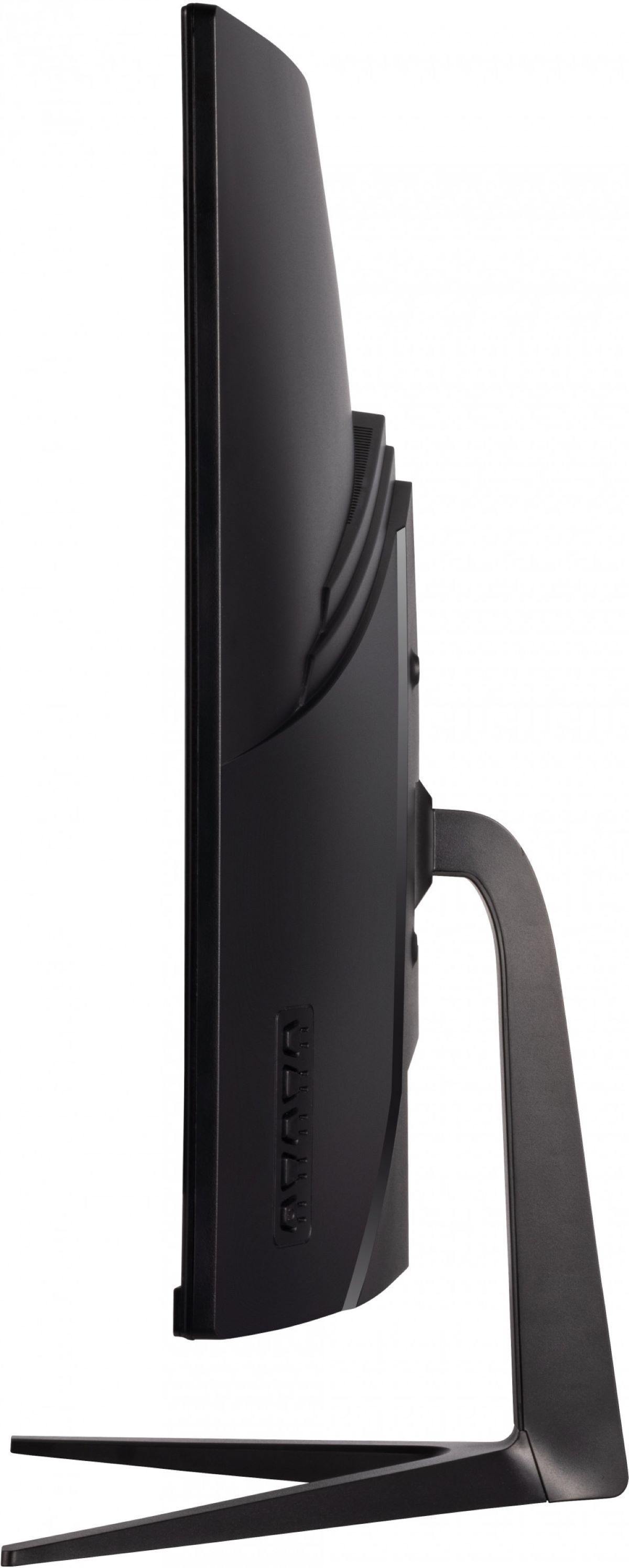 Czarny monitor komputera, widok z boku. Elegancki design ze stojakiem.