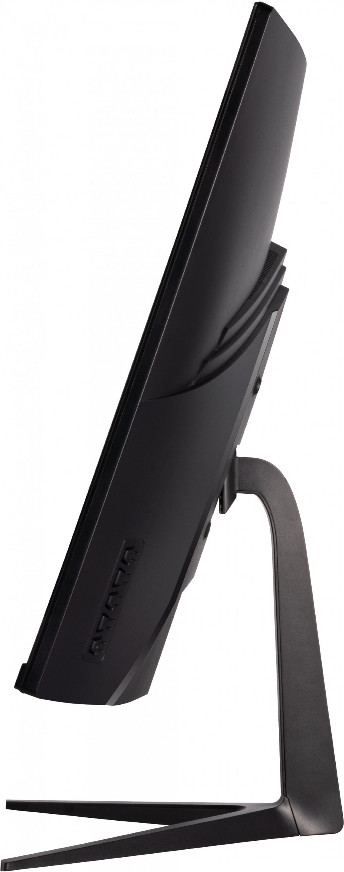 Czarny monitor komputera, widok pod kątem, ze stojakiem. Widok z boku.