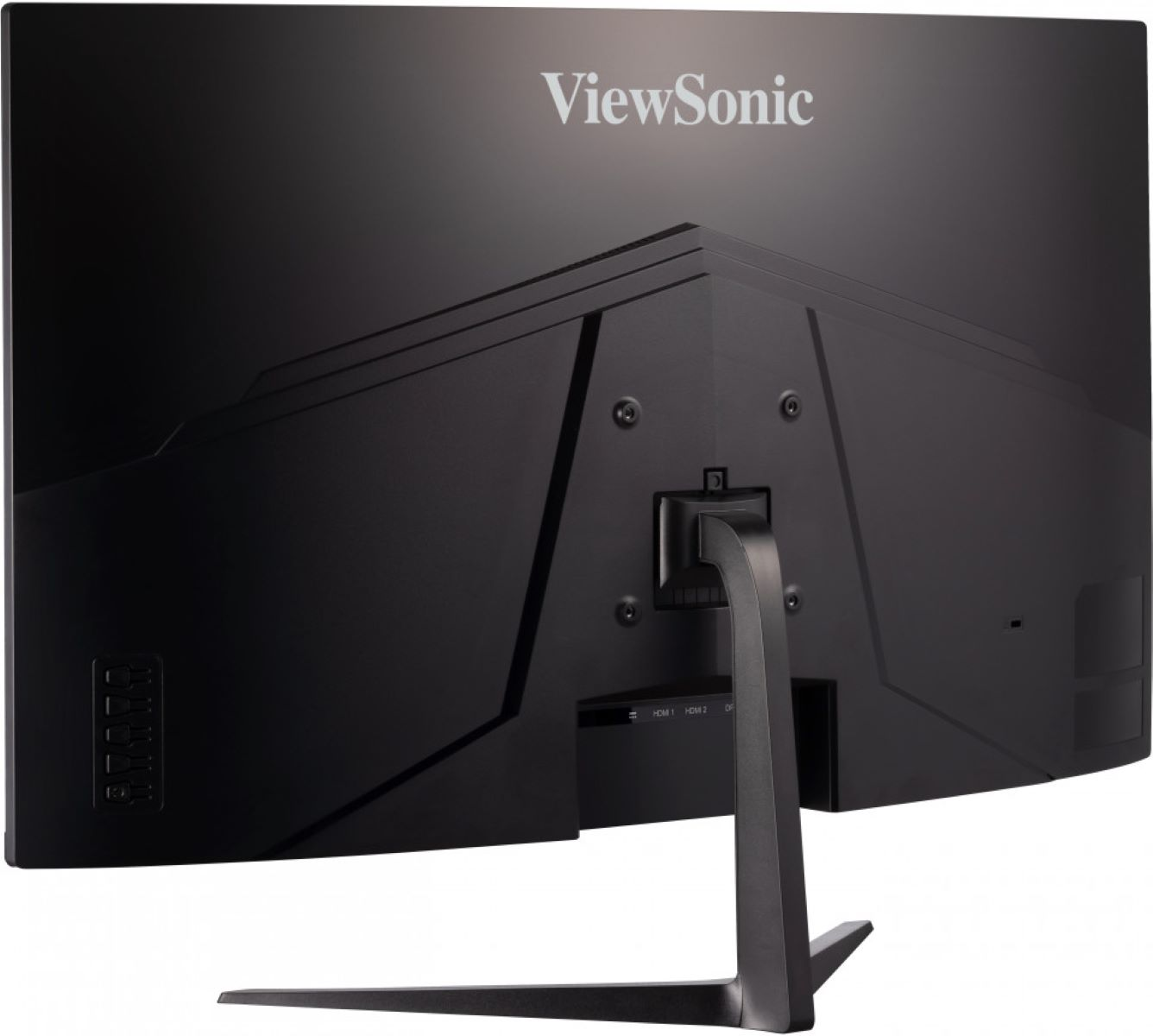 Rückansicht eines schwarzen Computermonitors mit Ständer und dem ViewSonic-Logo oben.