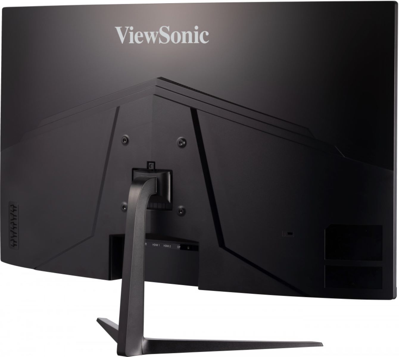 Tył czarnego monitora komputerowego ze stojakiem. ViewSonic jest wydrukowany na monitorze.