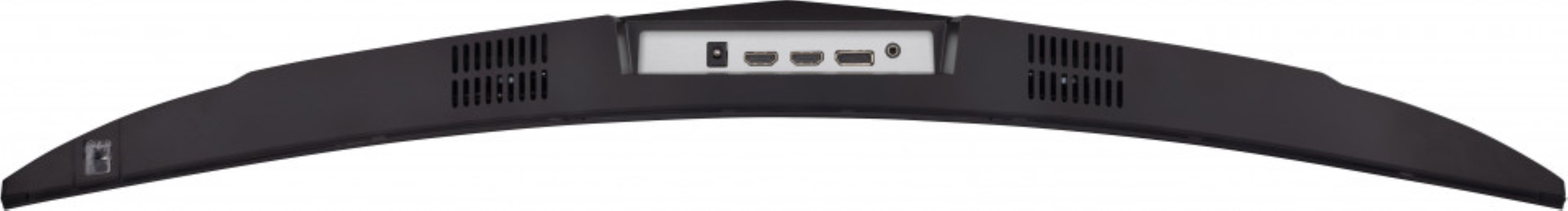 Widok z tyłu zakrzywionego monitora z portami. Czarny, z portami HDMI, DP i audio.