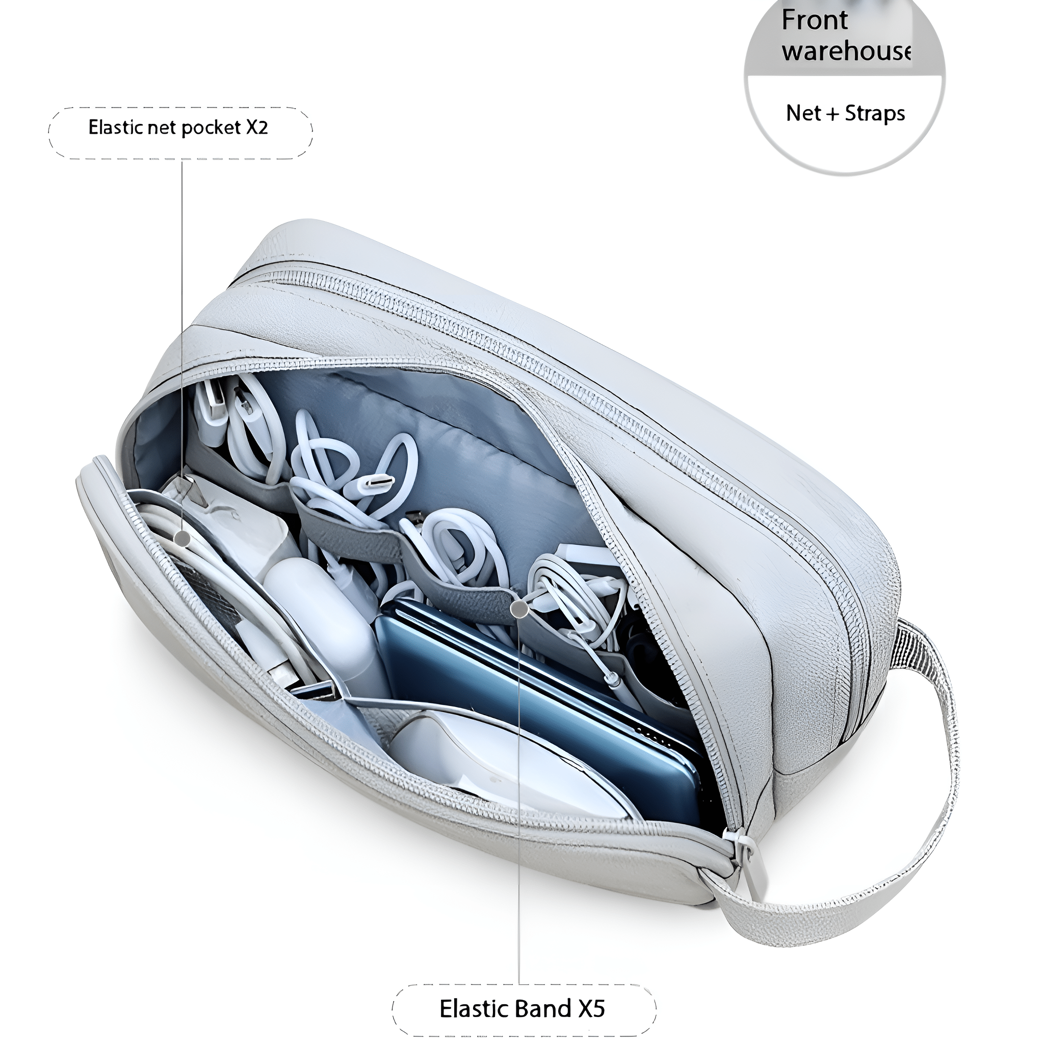 Graue Reisetasche, geöffnet. Innen befinden sich Kabel, ein Telefon und anderes Reisezubehör.