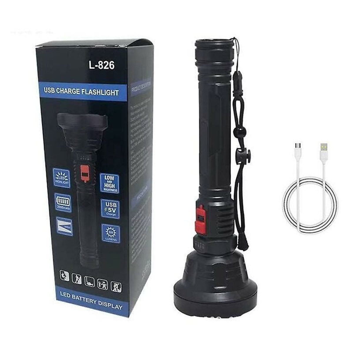 Schwarze Taschenlampe mit Box, USB-Ladekabeln und dem Modell L-826.