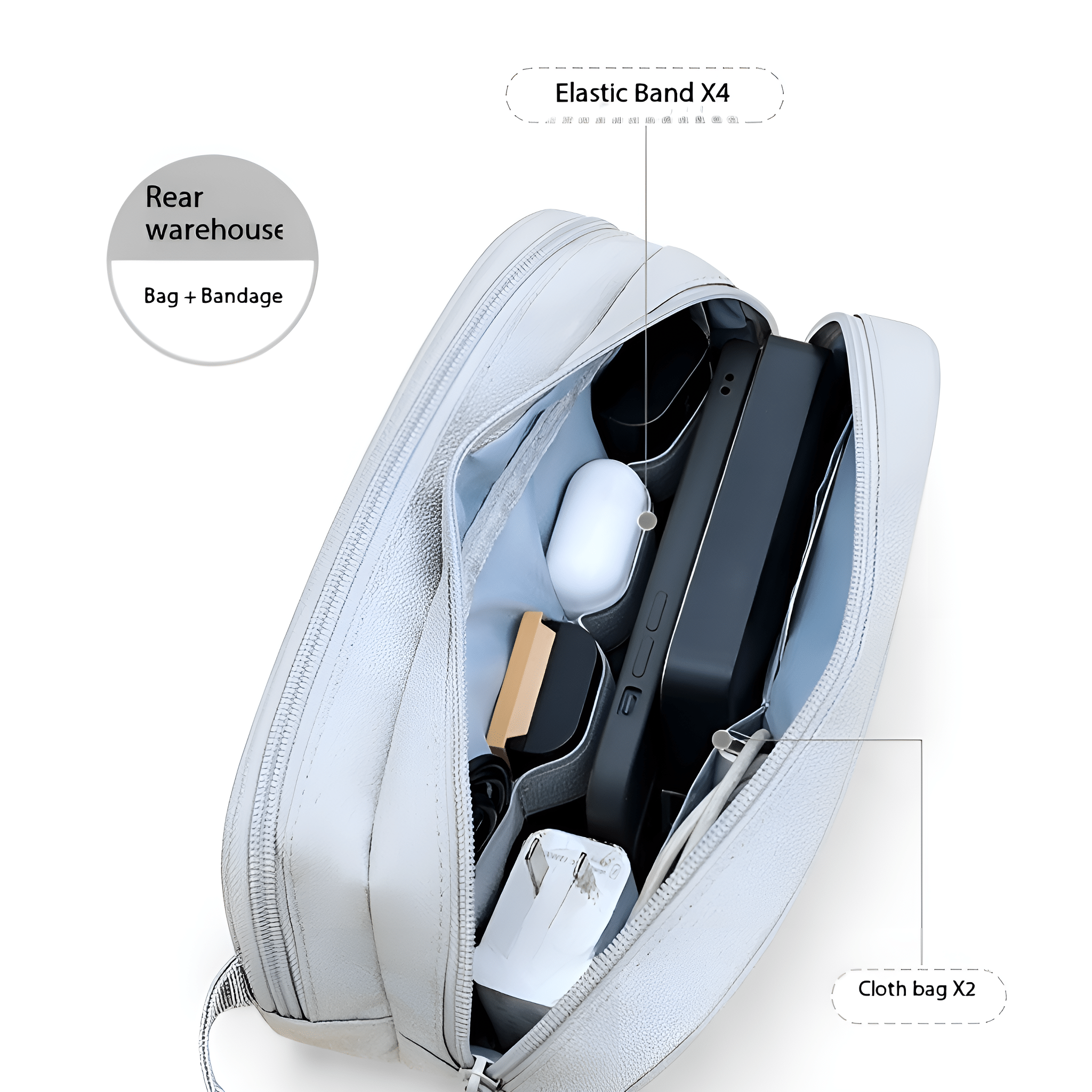 Offene graue Tasche mit Elektronik: Telefon, Ohrhörer, Ladegerät und andere Gegenstände.