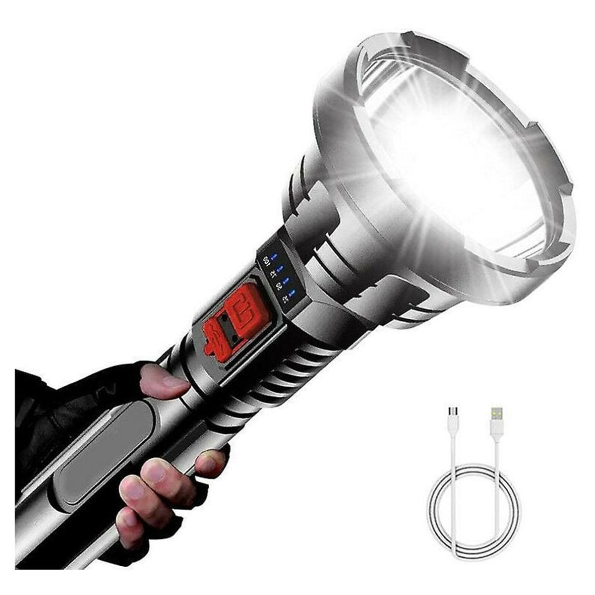 Silberne Taschenlampe, die hell leuchtet. Wird in der Hand gehalten. USB-Kabel und Ladeanschluss sichtbar.