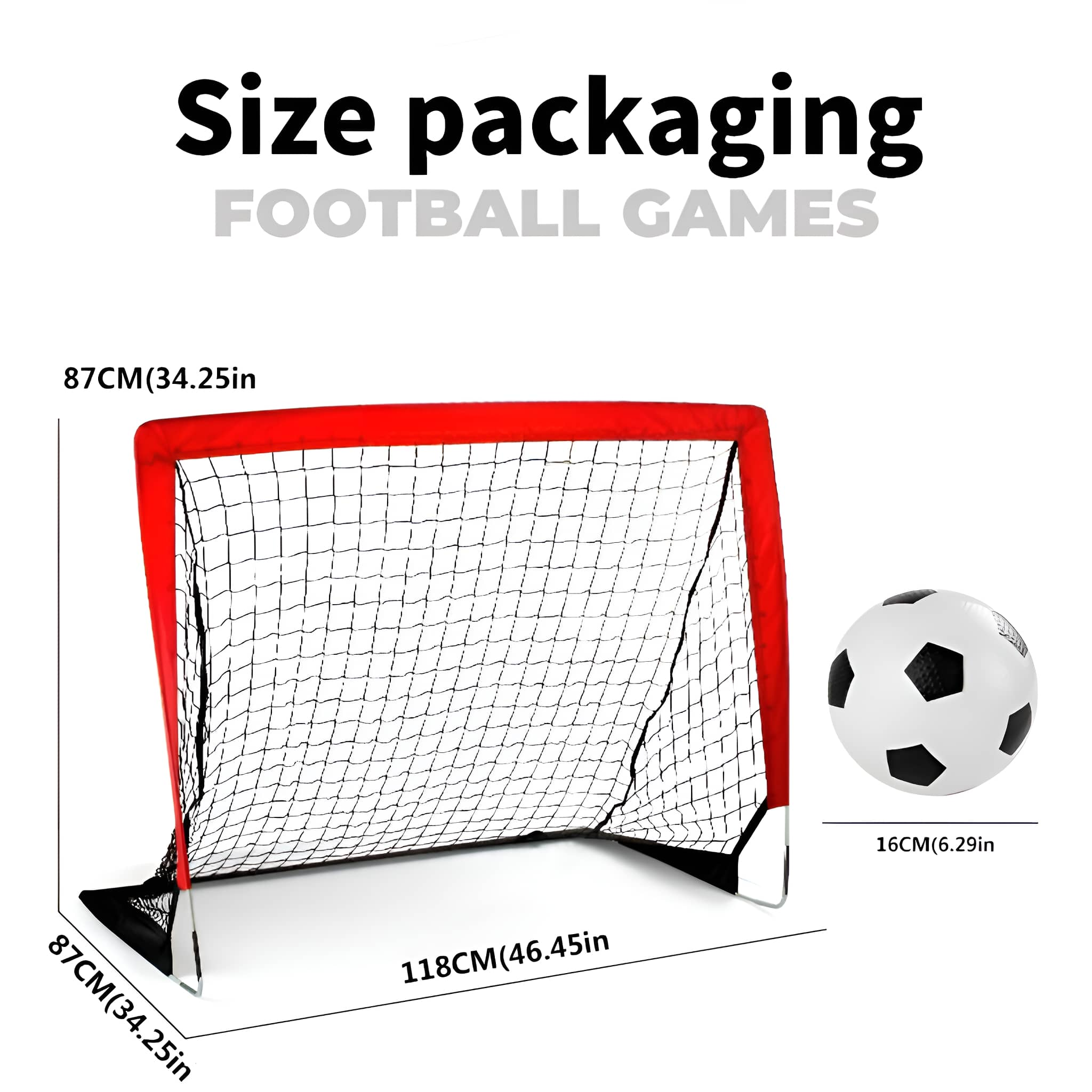 Rotes und schwarzes Fußballtor mit einem Fußball. Maße des Tors sind sichtbar.