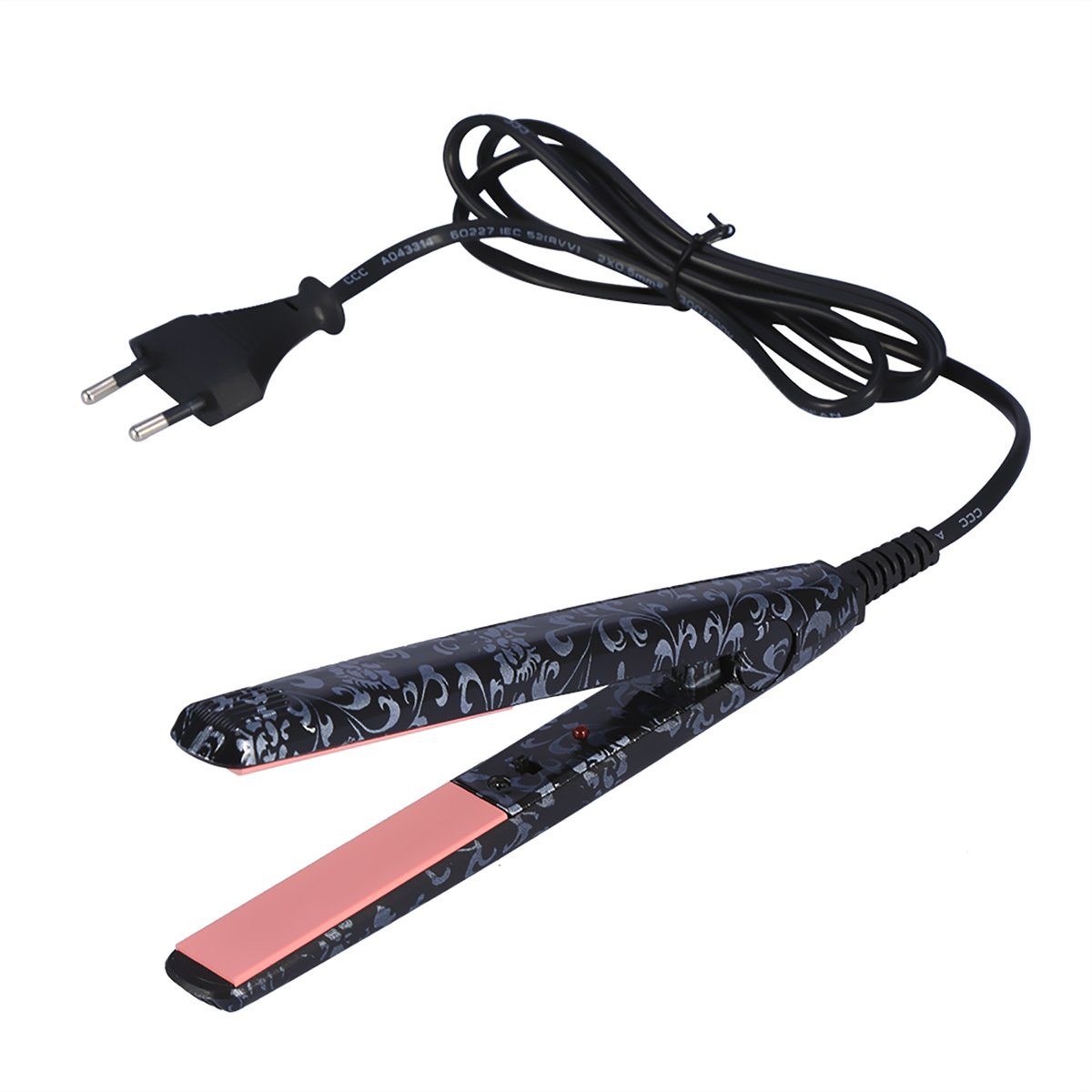 Haarglätter mit schwarzem Blumendesign und rosa Platten, mit Stecker.
