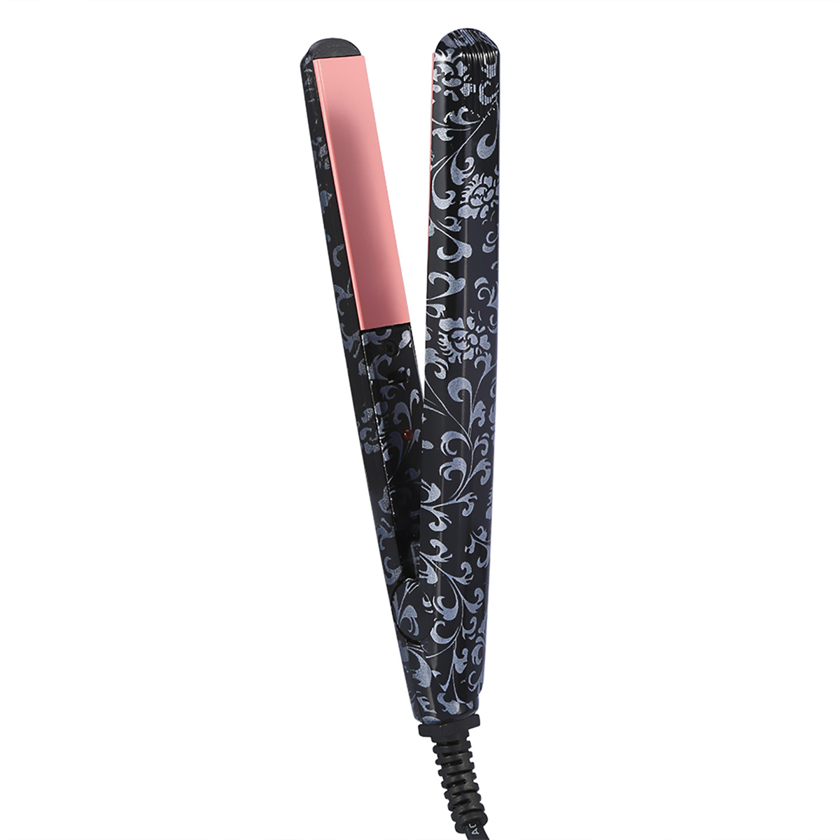 Ein schwarzer Haarglätter mit floralem Design, offen, mit einer rosa Heizplatte.