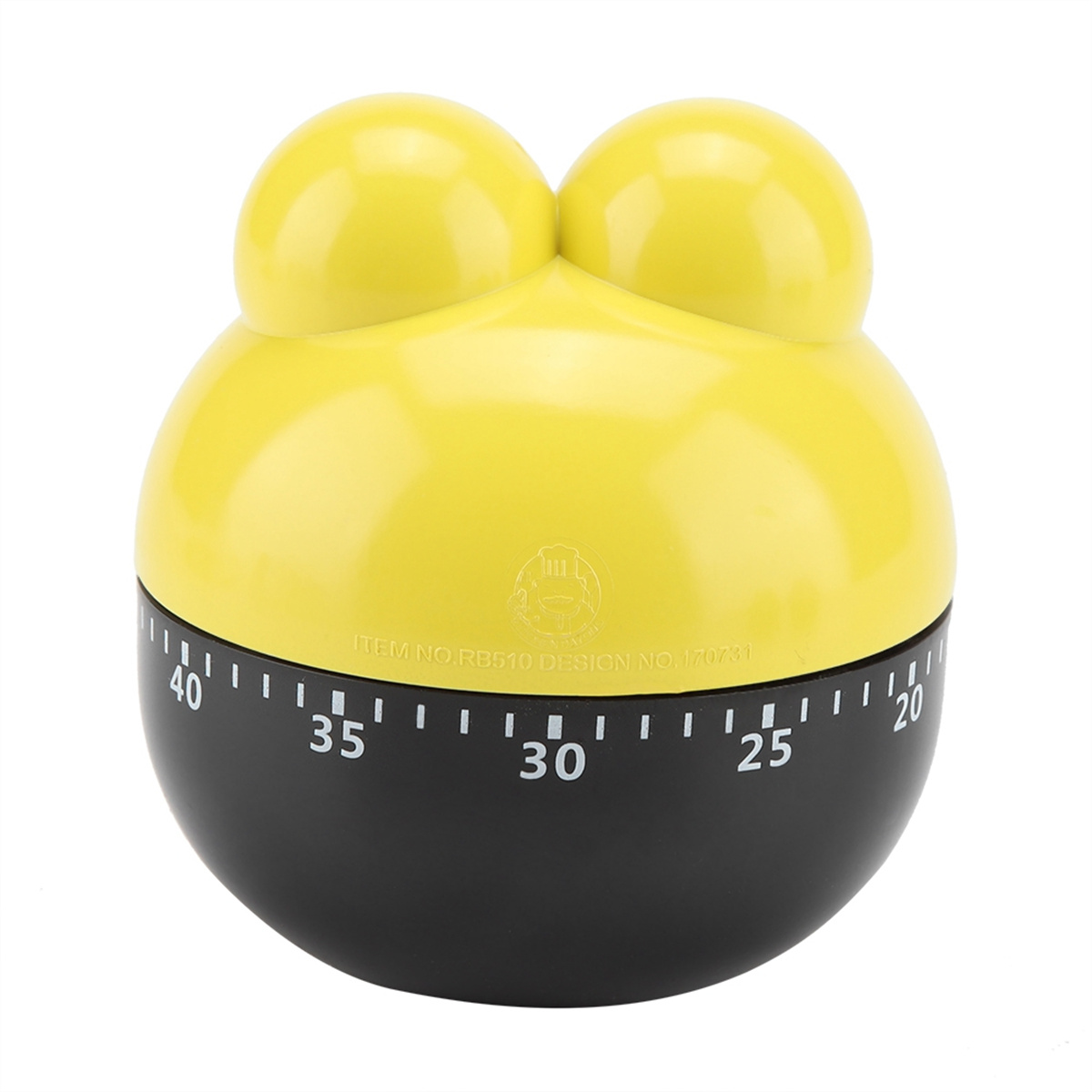 Ein gelb-schwarzer Küchentimer mit Drehknopf und Zeiteinteilung.