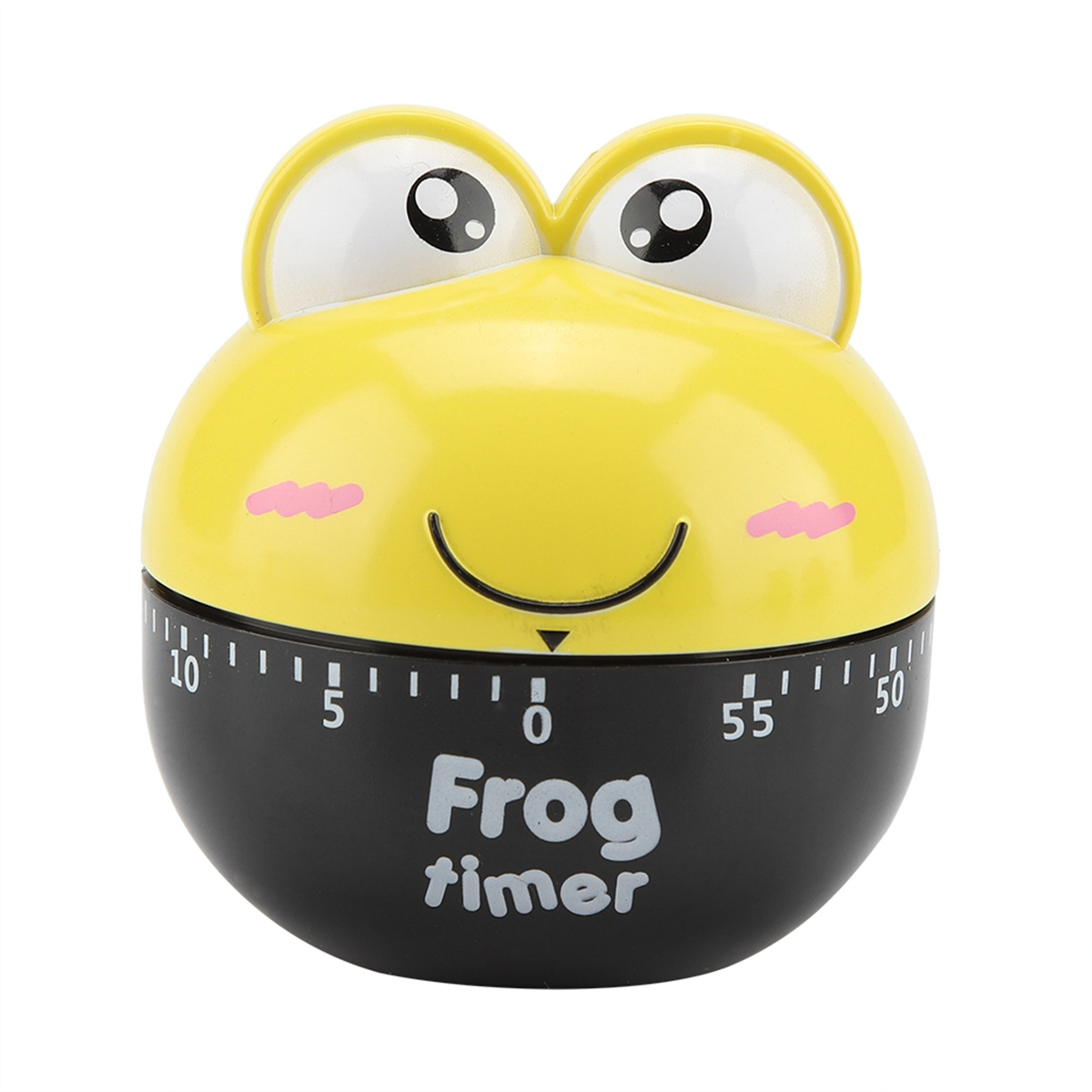 Ein gelber froschförmiger Timer mit schwarzem Sockel, beschriftet mit 'Frog timer'.