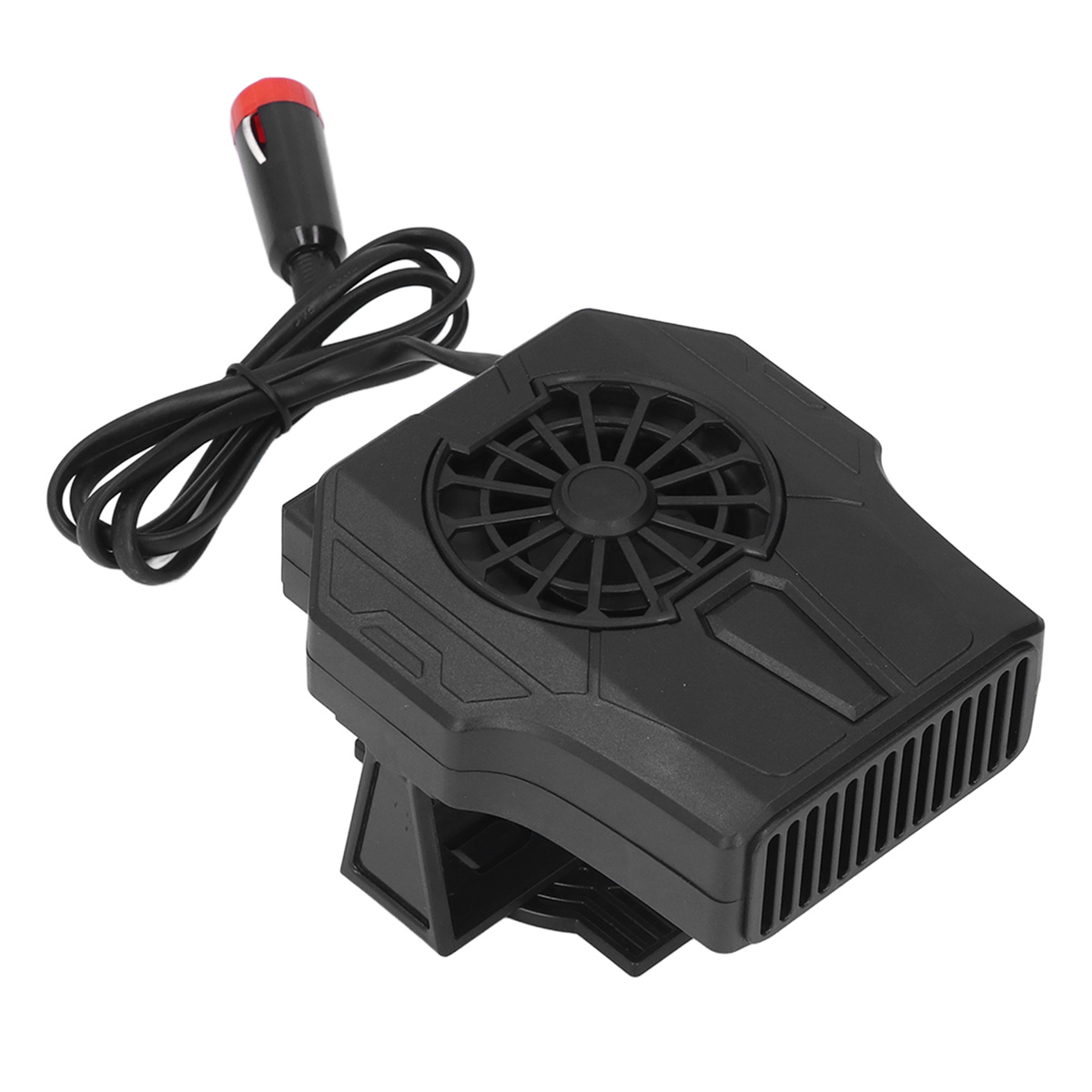 Schwarze Autoheizung mit rotem Netzstecker. Die Heizung hat einen Lüfter und ist für die Montage im Auto konzipiert.
