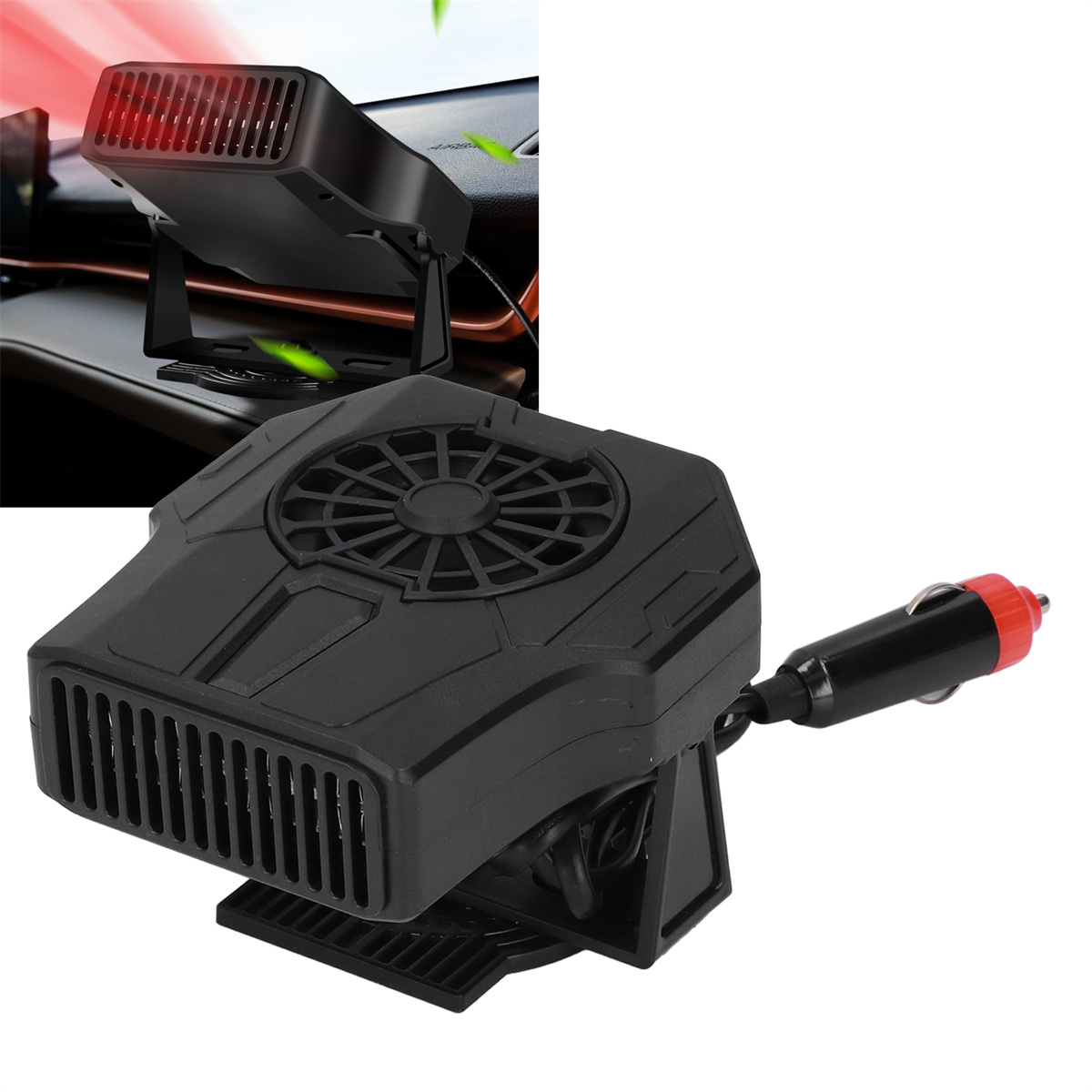 Schwarze Autoheizung, mit einem Ventilator. Hat einen Ständer und einen Stecker für das Auto.