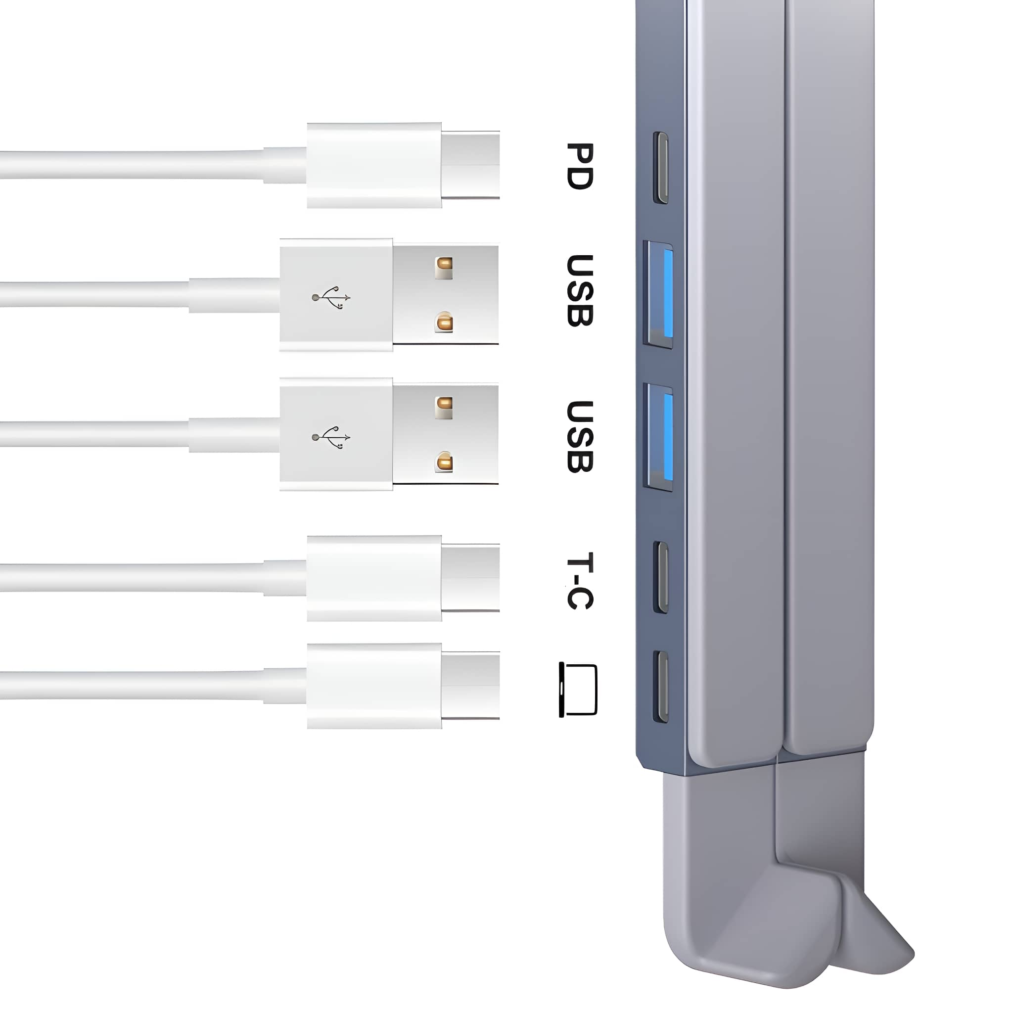 USB-Hub mit mehreren weißen Kabeln, beschriftet mit PD-, USB- und T-C-Anschlüssen.