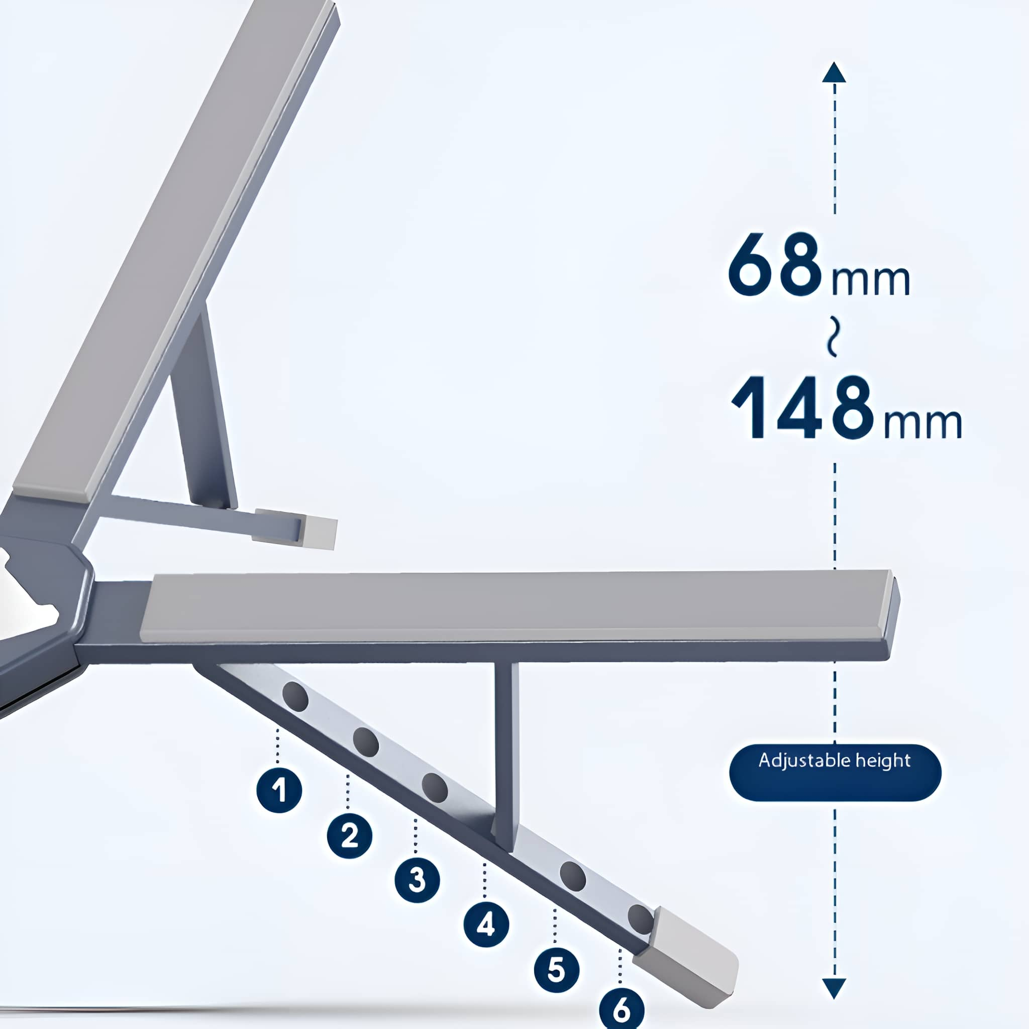 Verstellbarer Laptop-Ständer, grau und weiß, mit Höhenmarkierungen an der Seite.