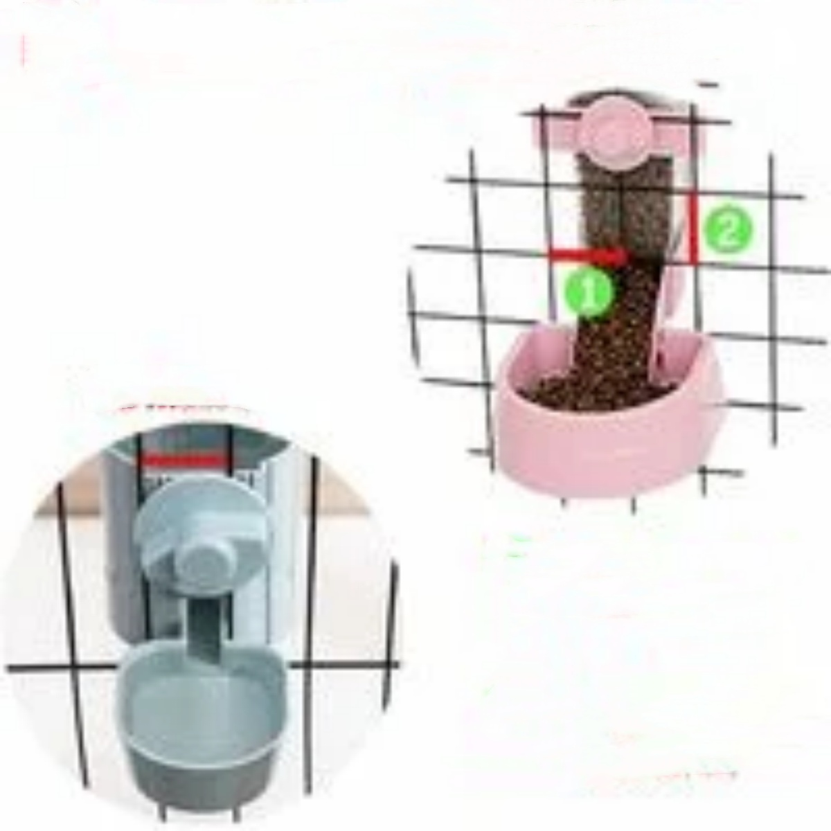 Tierfutterspender mit rosa Sockel und transparentem Behälter. Zwei Abschnitte sind für die Fütterung nummeriert.