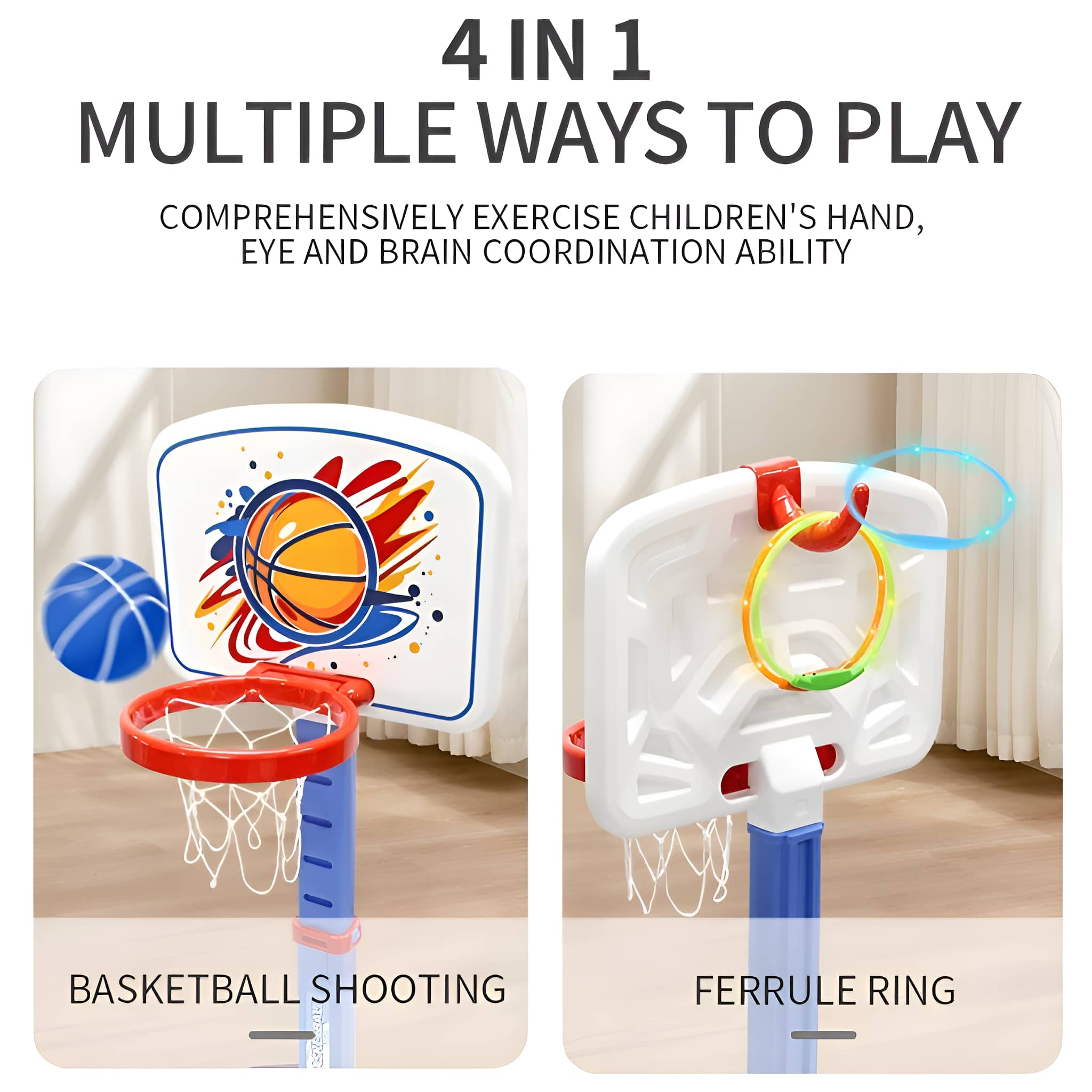 Basketballkorb-Spielzeuge. Eines mit Basketball und das andere mit Ringen. Weißer Hintergrund.