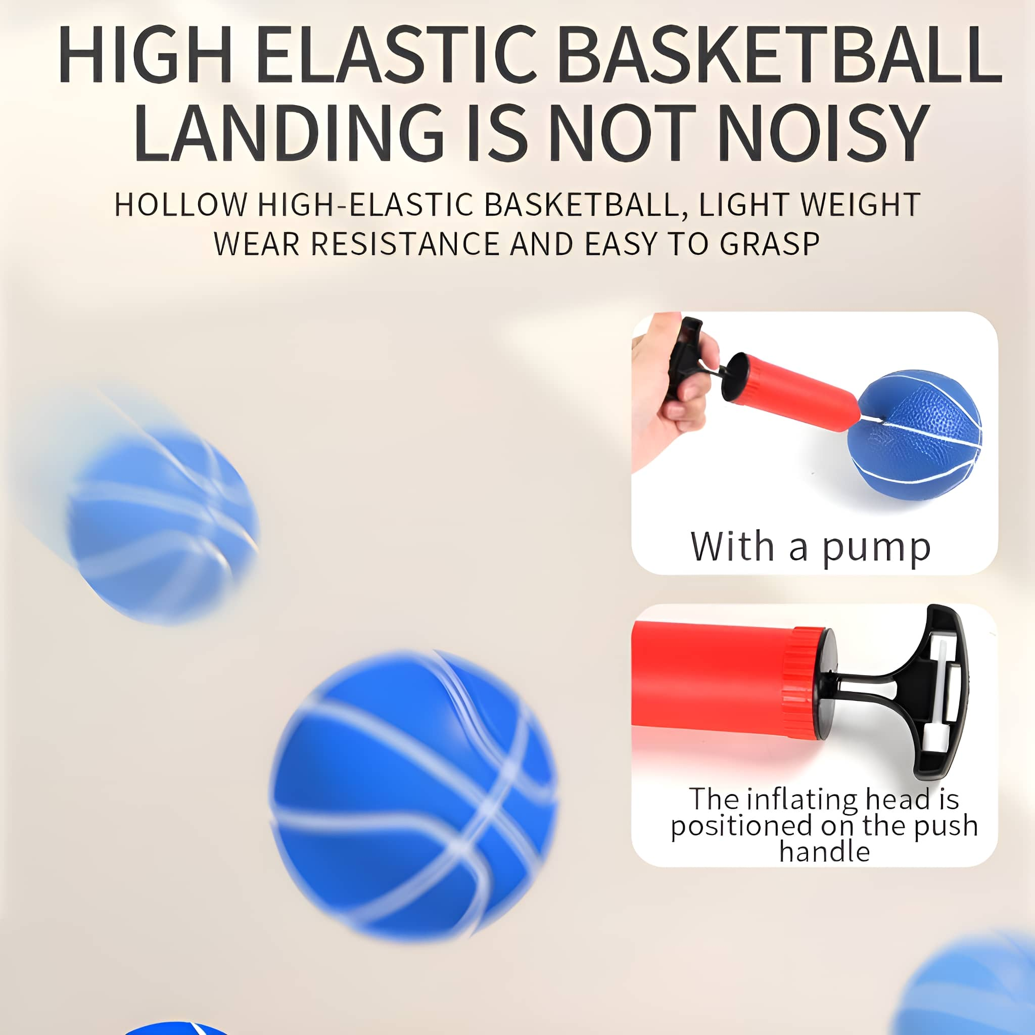 Blaue Basketbälle und Pumpe. Ein Ball bewegt sich. Pumpe, die einen Ball mit dem Kopf am Griff aufpumpt.